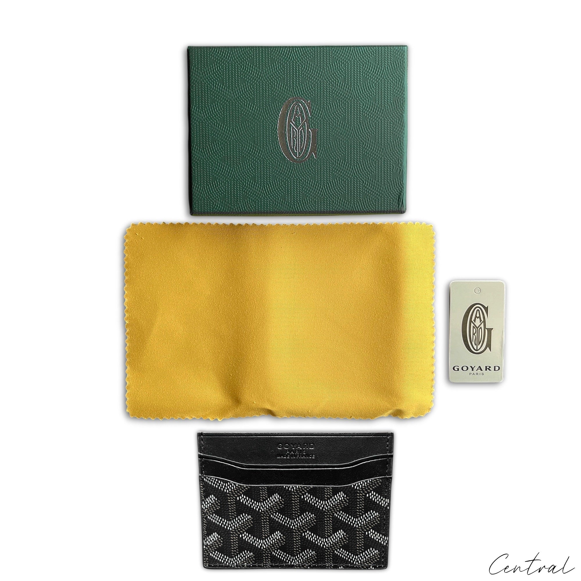 Black Goyard card holder by Central ae featuring a sleek design and signature logo pattern, perfect for everyday use.