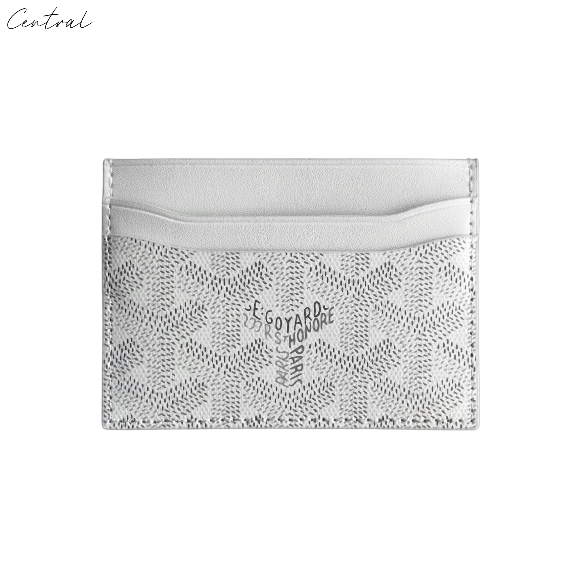 White Goyard card holder featuring signature pattern and sleek design by Central ae, displayed on a neutral background.