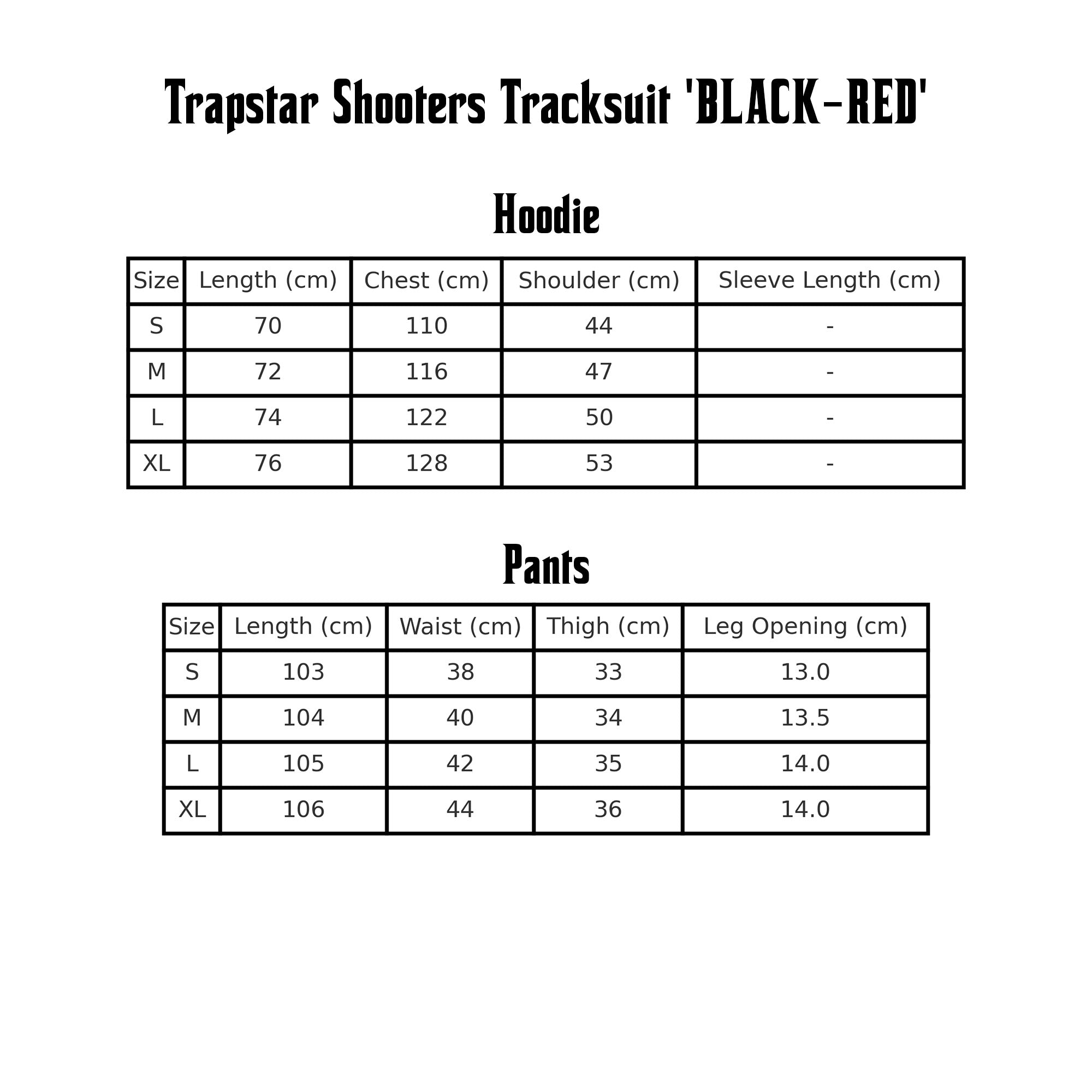 Trapstar Shooters black and red tracksuit featuring a hoodie and pants set displayed on a size chart.