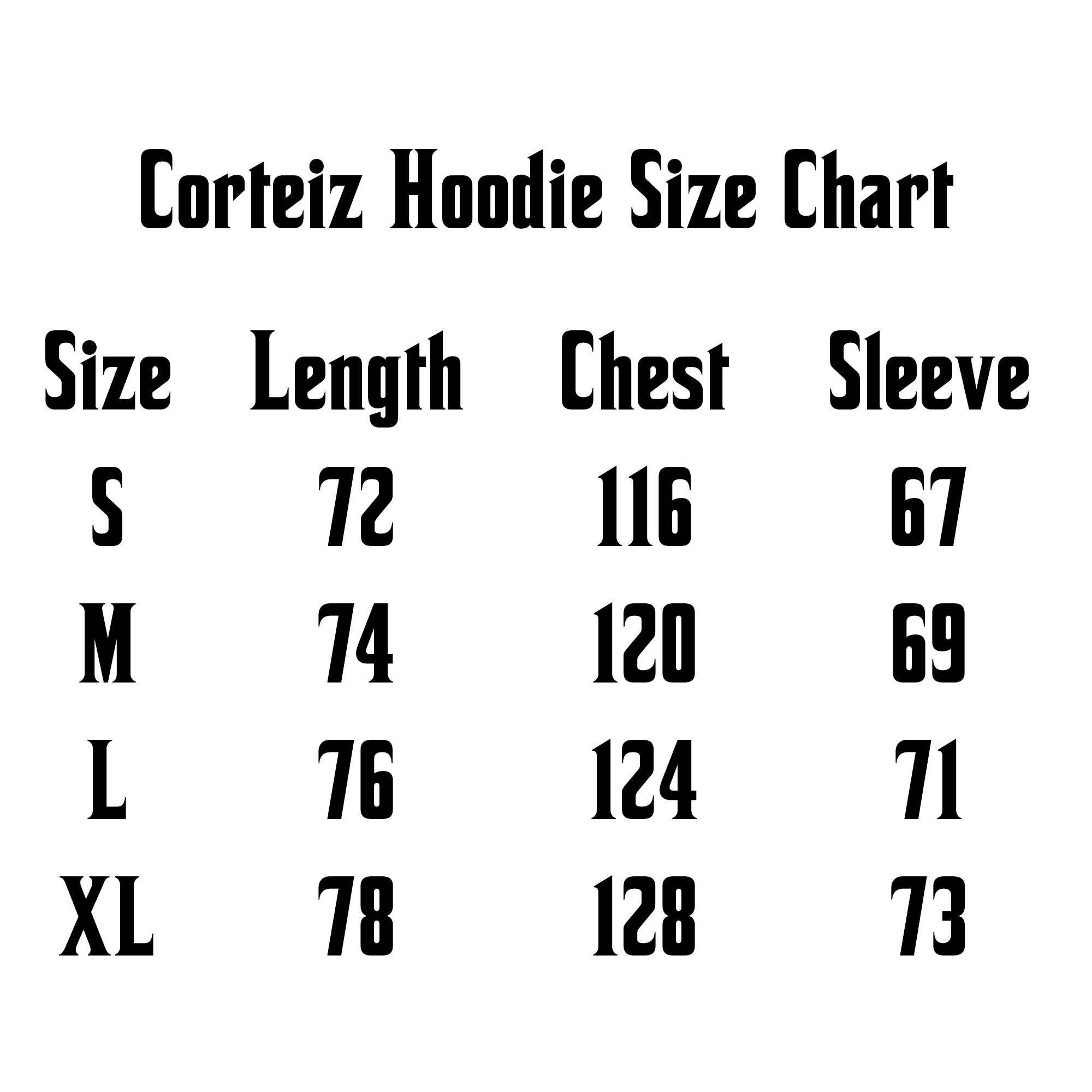 Corteiz Alcatraz Black Hoodie size chart showing available sizes and fit information for customers.