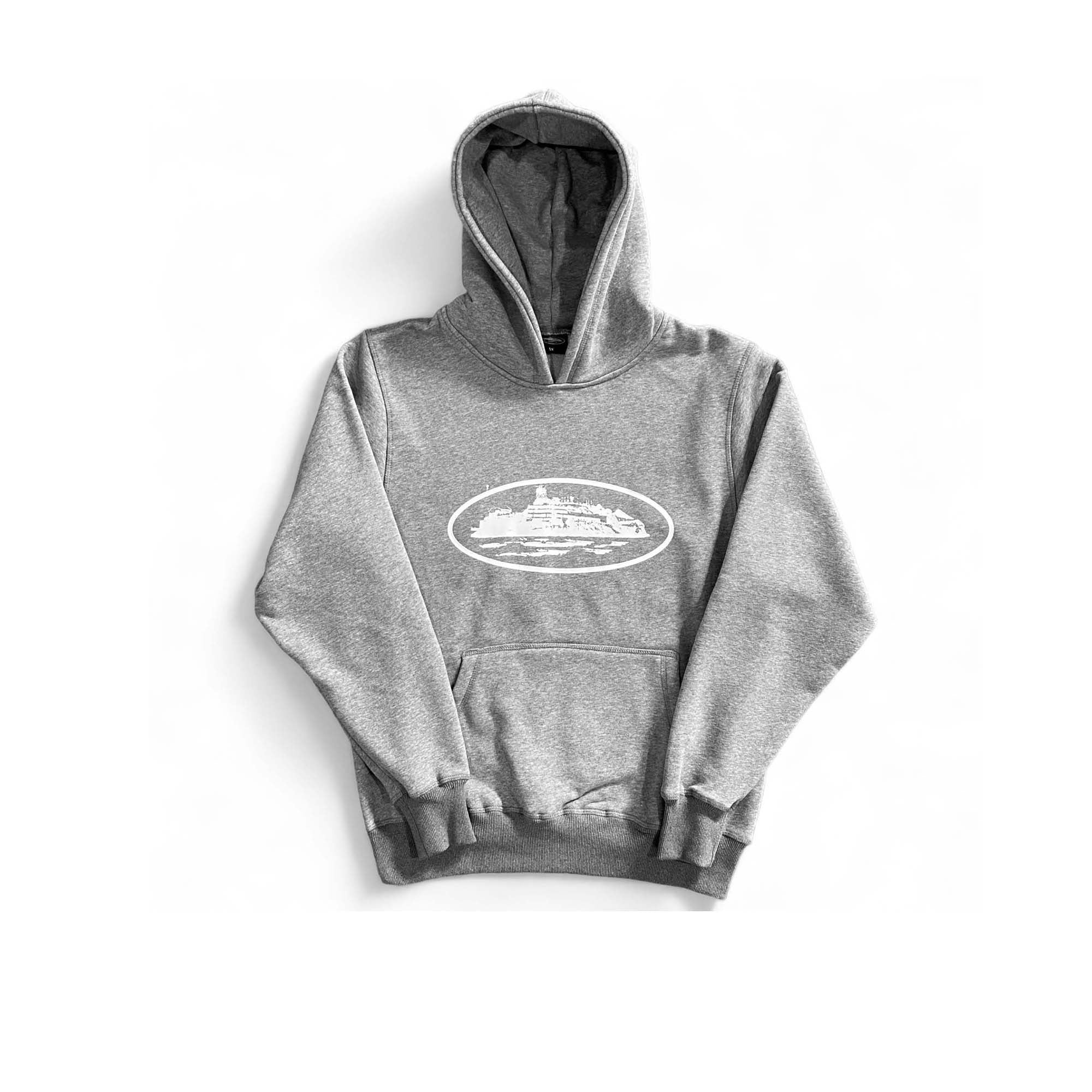 Grey Corteiz Alcatraz hoodie featuring a relaxed fit and distinctive logo design, ideal for casual wear.
