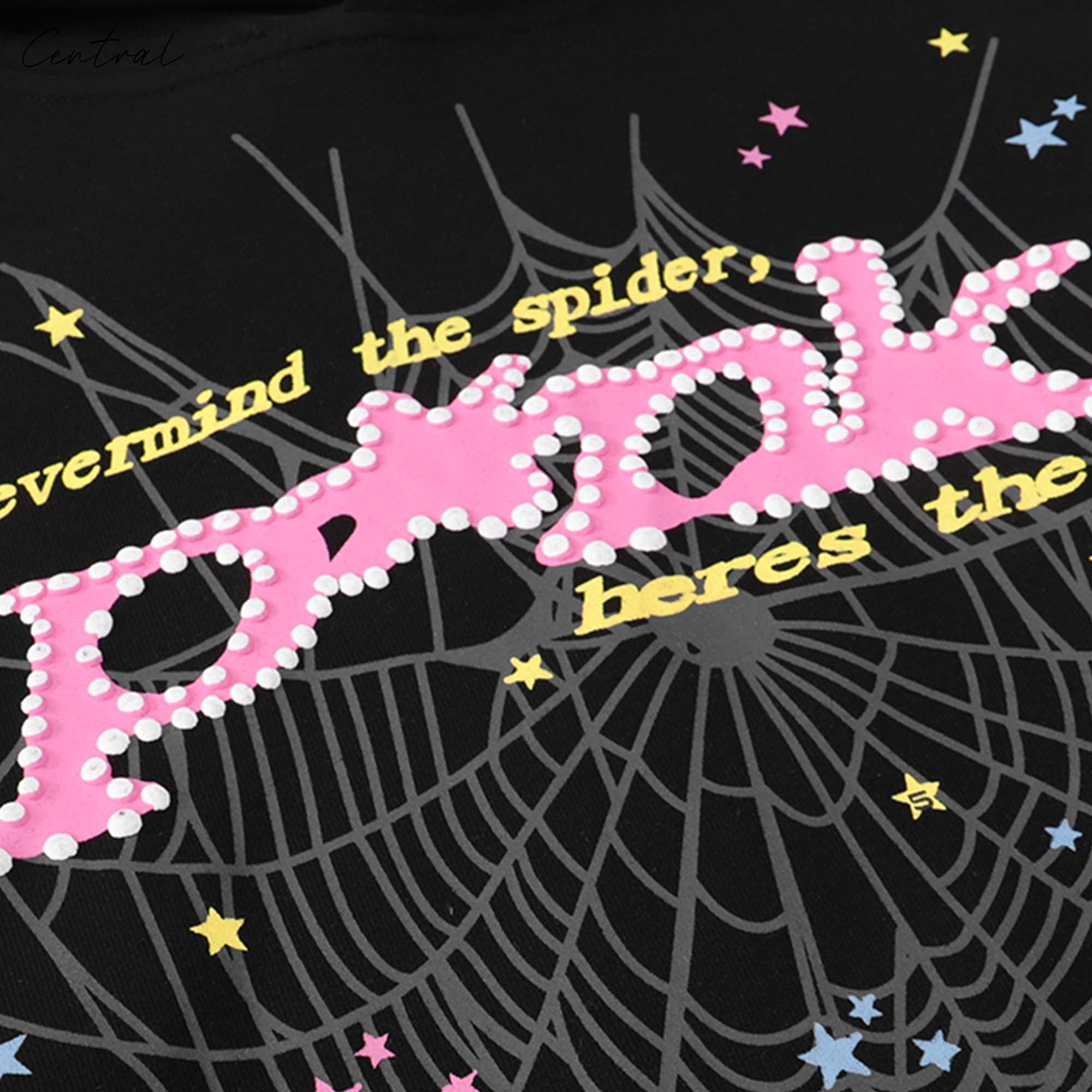 Sp5der Black P*nk Hoodie by Central ae featuring a black fabric with a pink graphic design on the front.