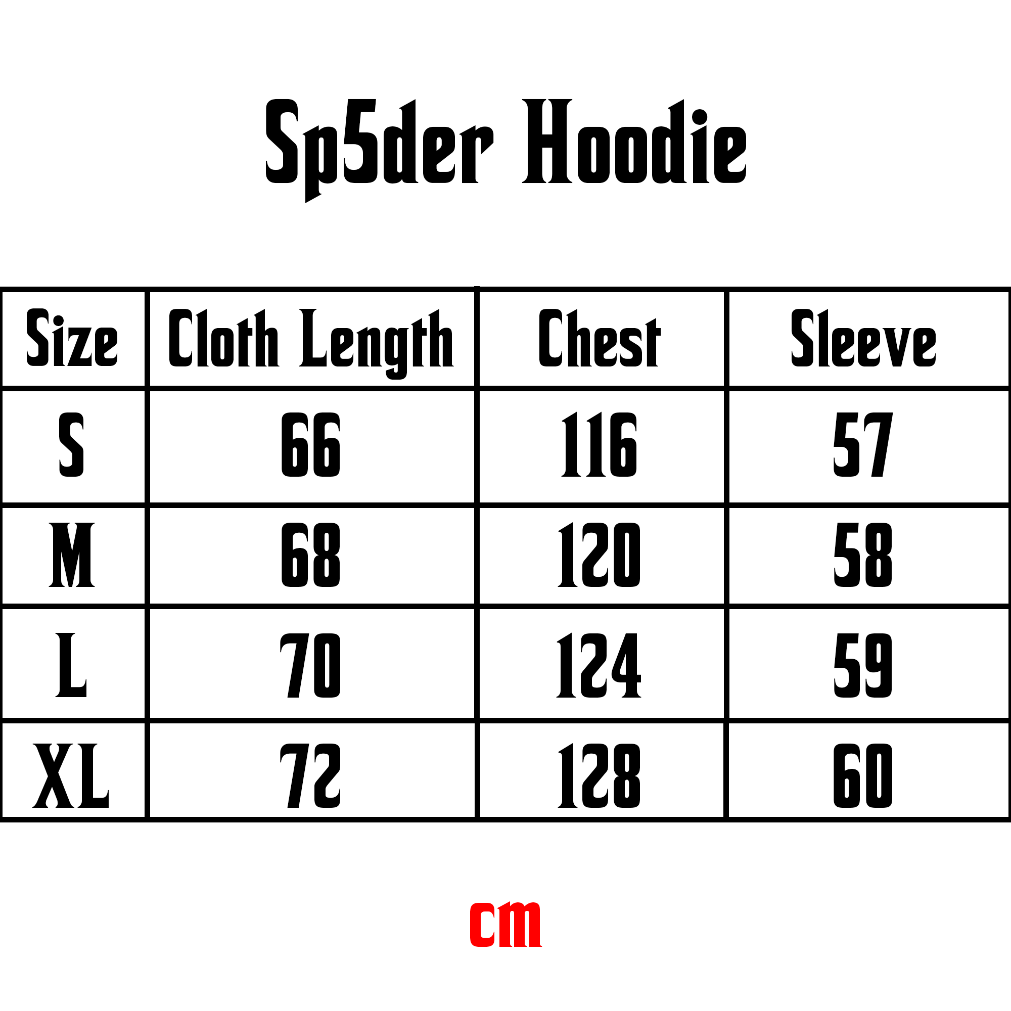 Size chart for Central ae Sp5der Black P*nk Hoodie, featuring measurements for optimal fit and style.