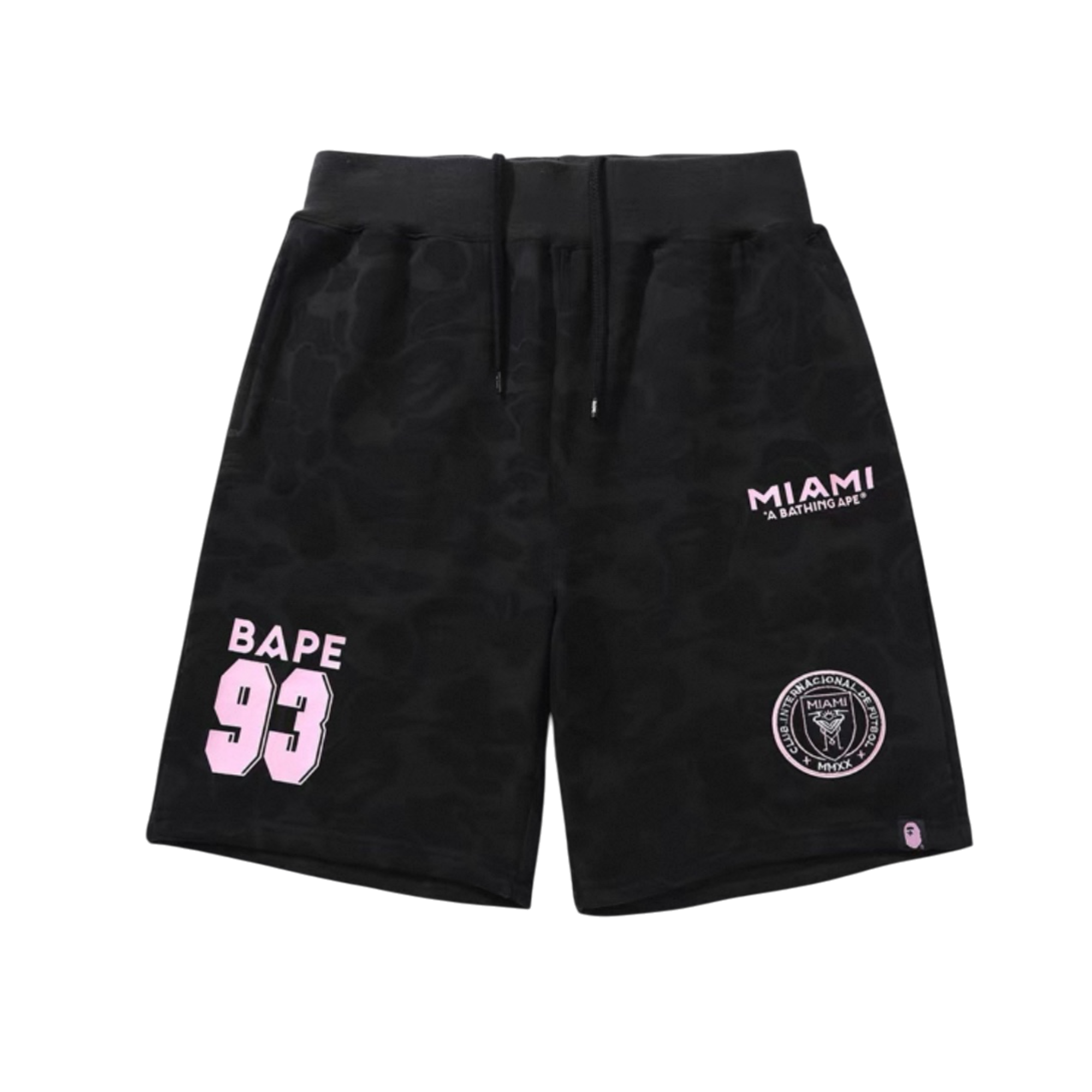 BAPE x Inter Miami camo shorts featuring a blend of bold patterns and a comfortable fit by Central ae.