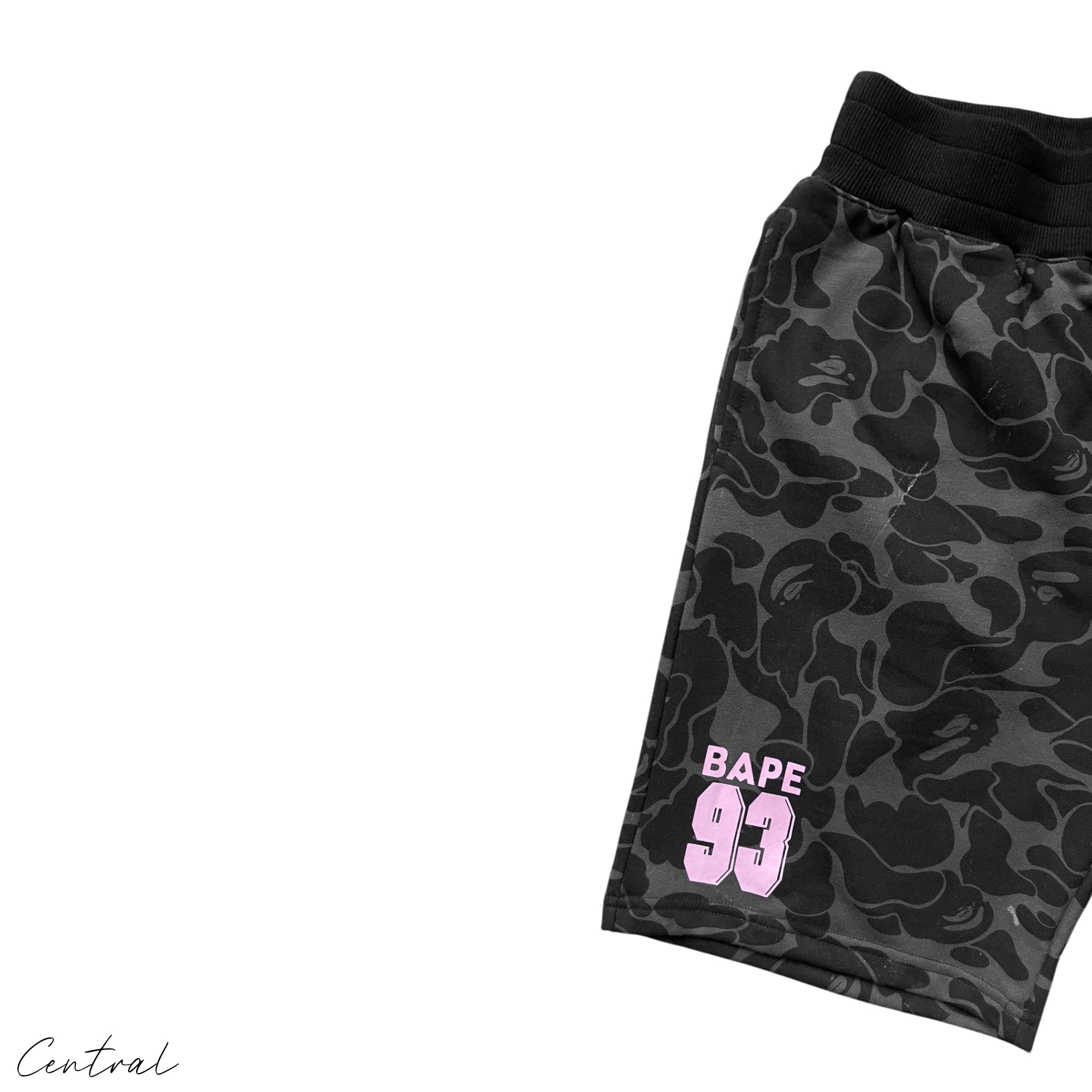 Camo shorts featuring BAPE x Inter Miami design by Central ae, showcasing vibrant colors and unique patterns.