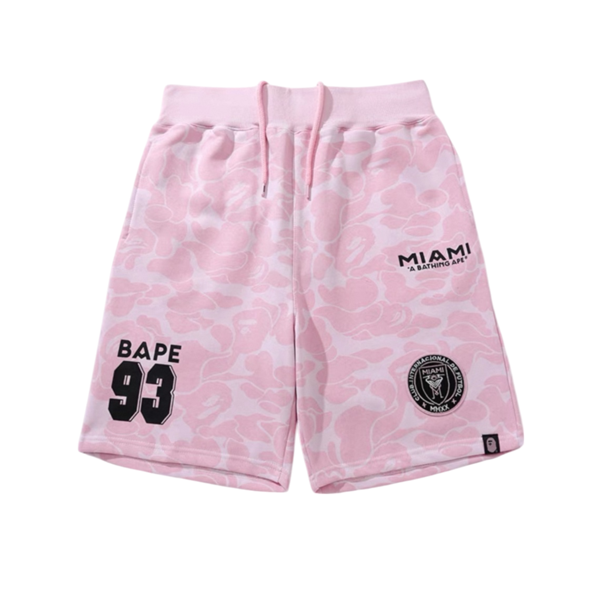 BAPE x Inter Miami pink camo shorts featuring a relaxed fit and distinctive camouflage pattern by Central ae.