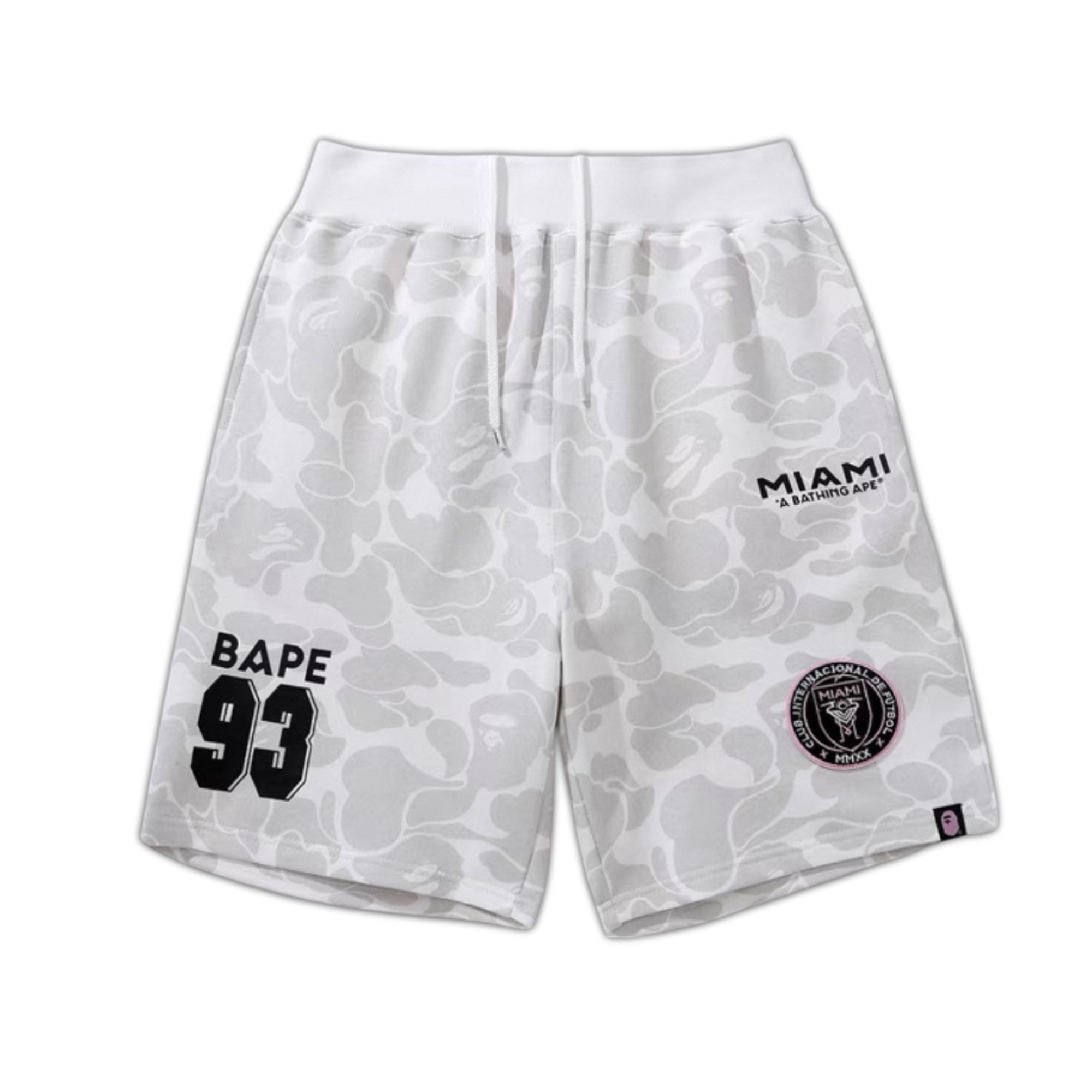 BAPE x Inter Miami white camo shorts featuring a relaxed fit and distinctive camouflage pattern.