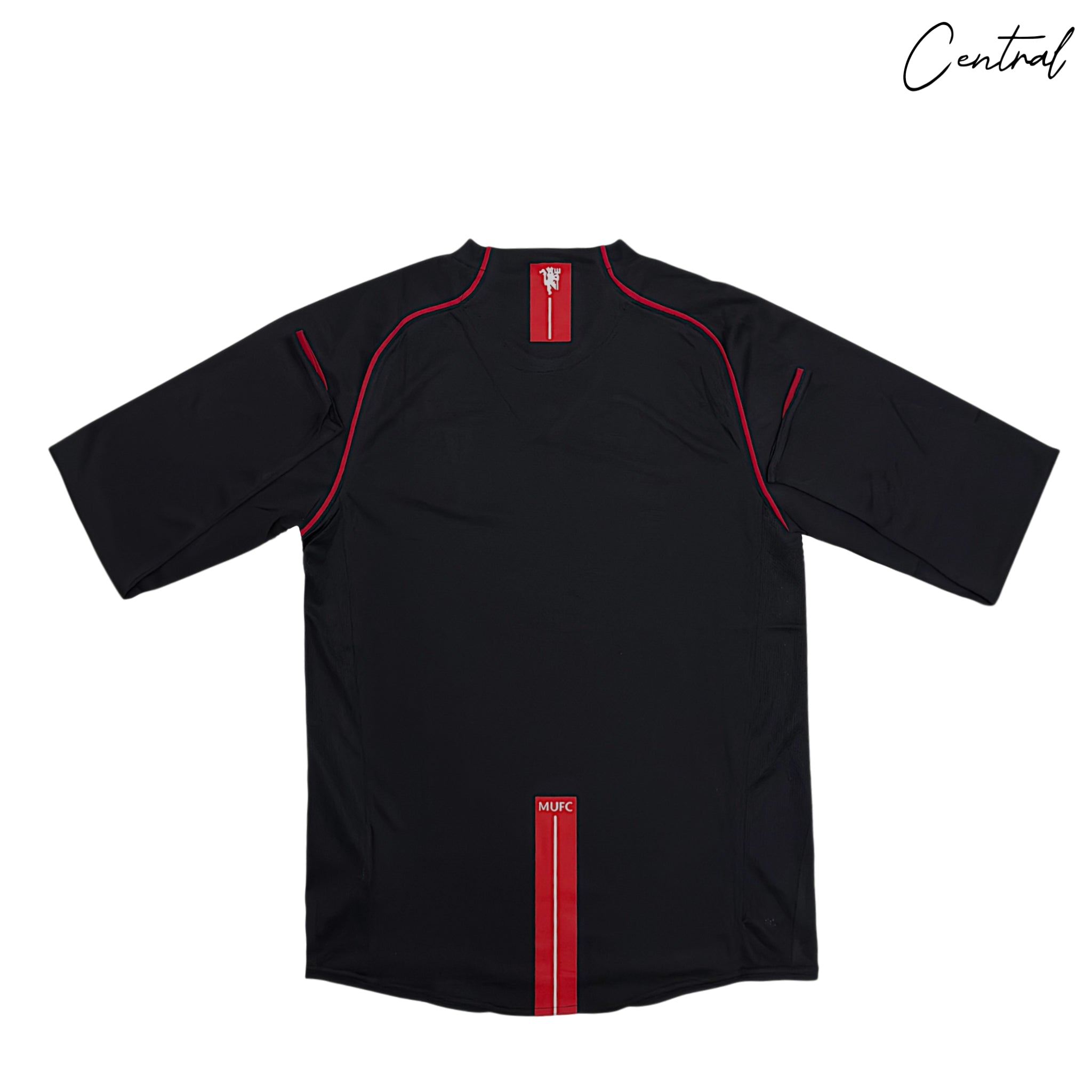 2007-08 Manchester United long-sleeve away shirt by Central Ae in vibrant away colors with team logo and detailing.