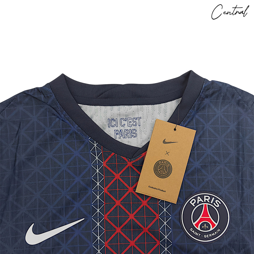 2025/26 Paris Saint-Germain home kit for players, featuring team colors and logo, displayed on a mannequin.