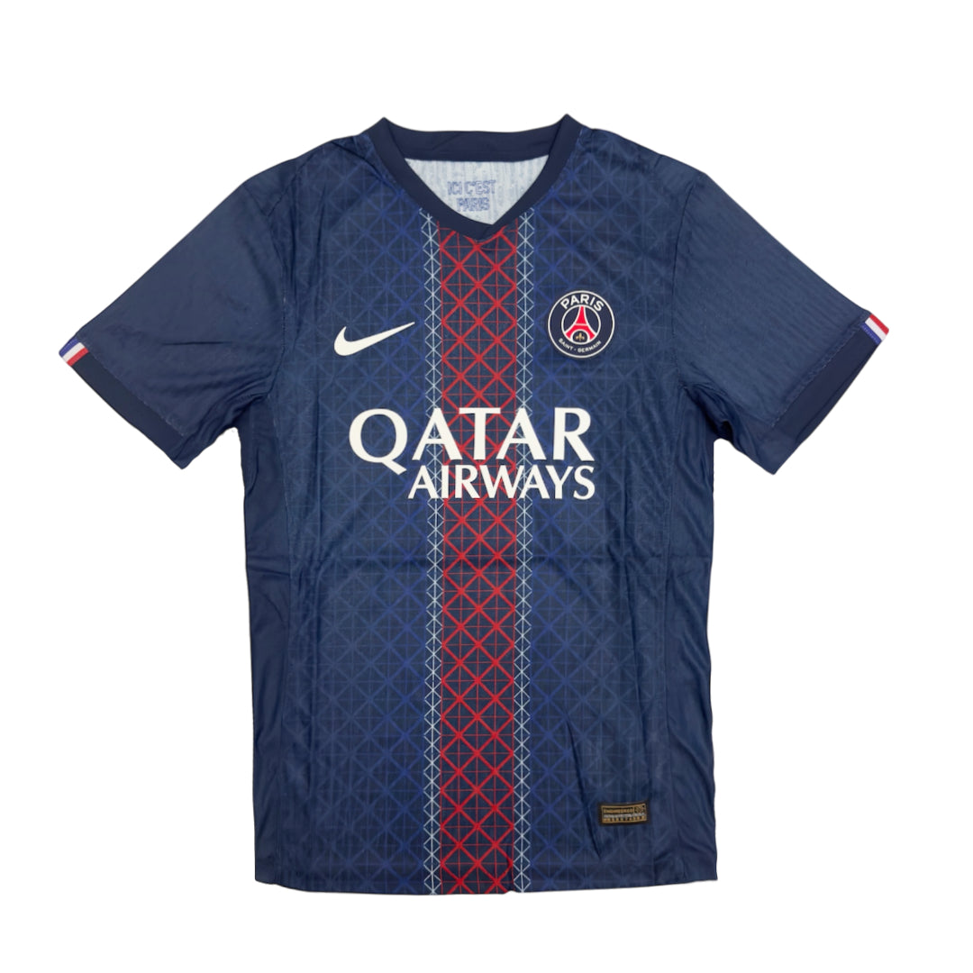 2025/26 Paris Saint-Germain home kit in player version featuring team colors and logo on a sleek design.