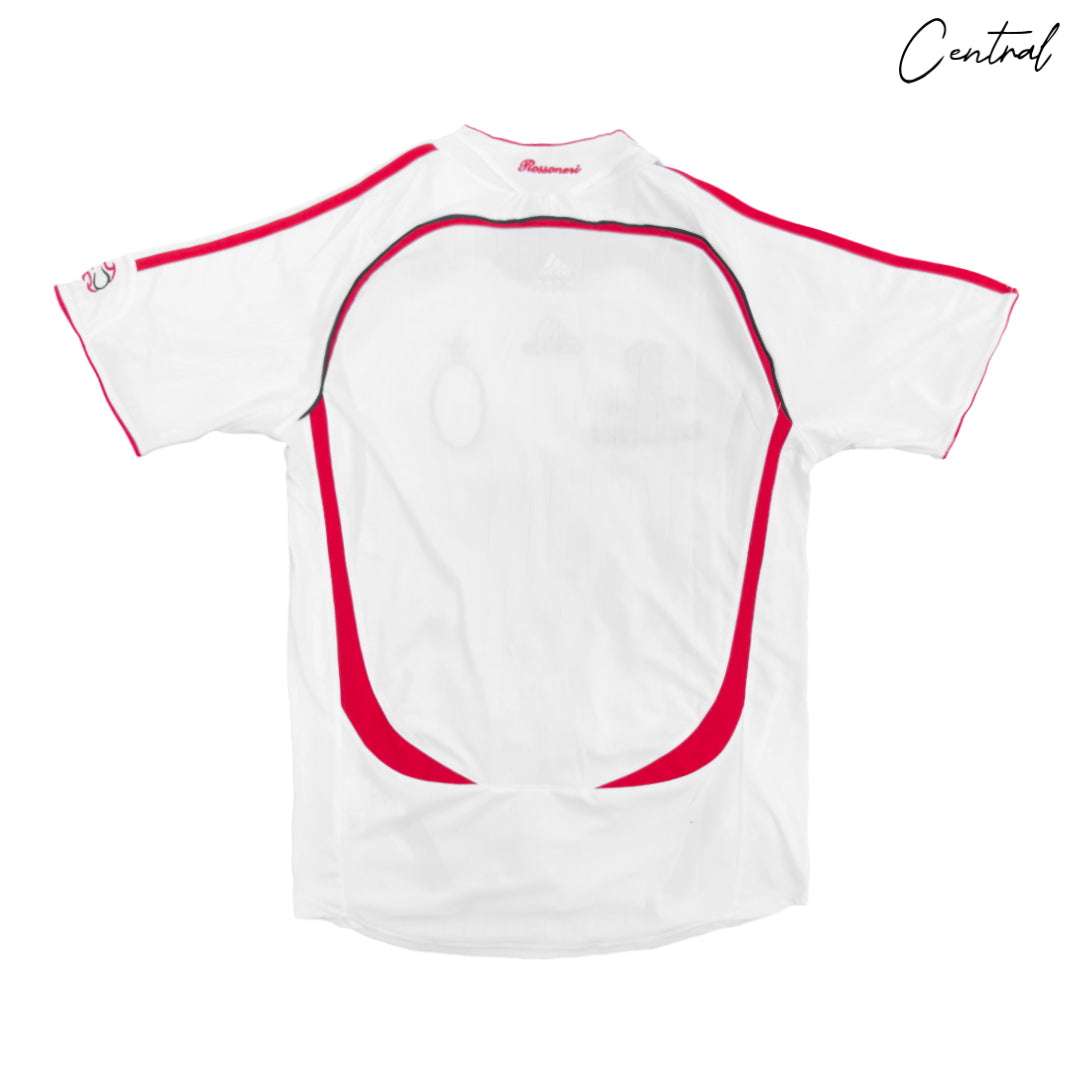 AC Milan 2006/07 UCL Final away retro jersey featuring Bwin logo and distinctive red and black stripes.