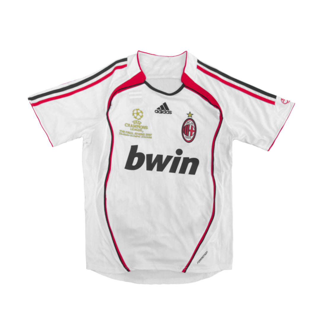 AC Milan 2006/07 UCL Final away retro jersey featuring Bwin logo and classic red and black design.