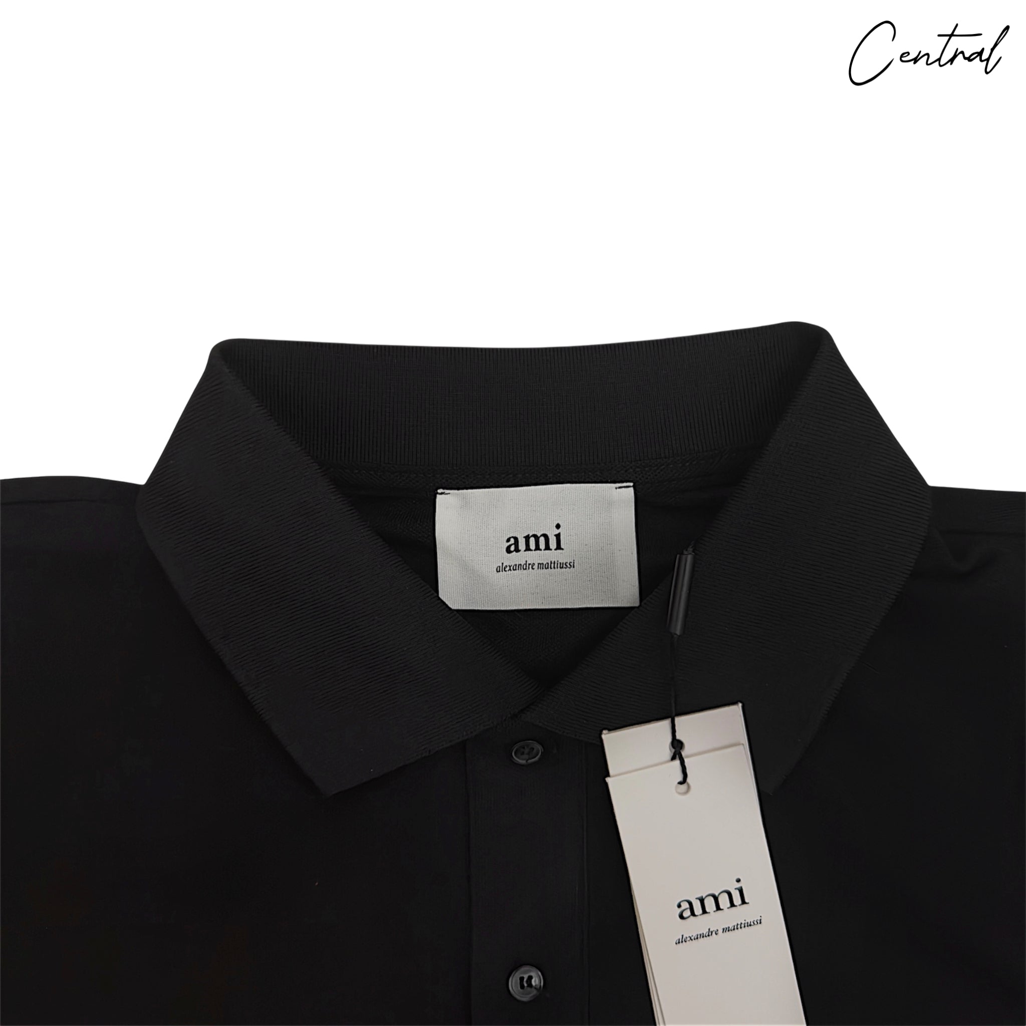 Ami Paris ADC embroidered polo shirt by Central Ae, featuring intricate embroidery and a classic polo design.