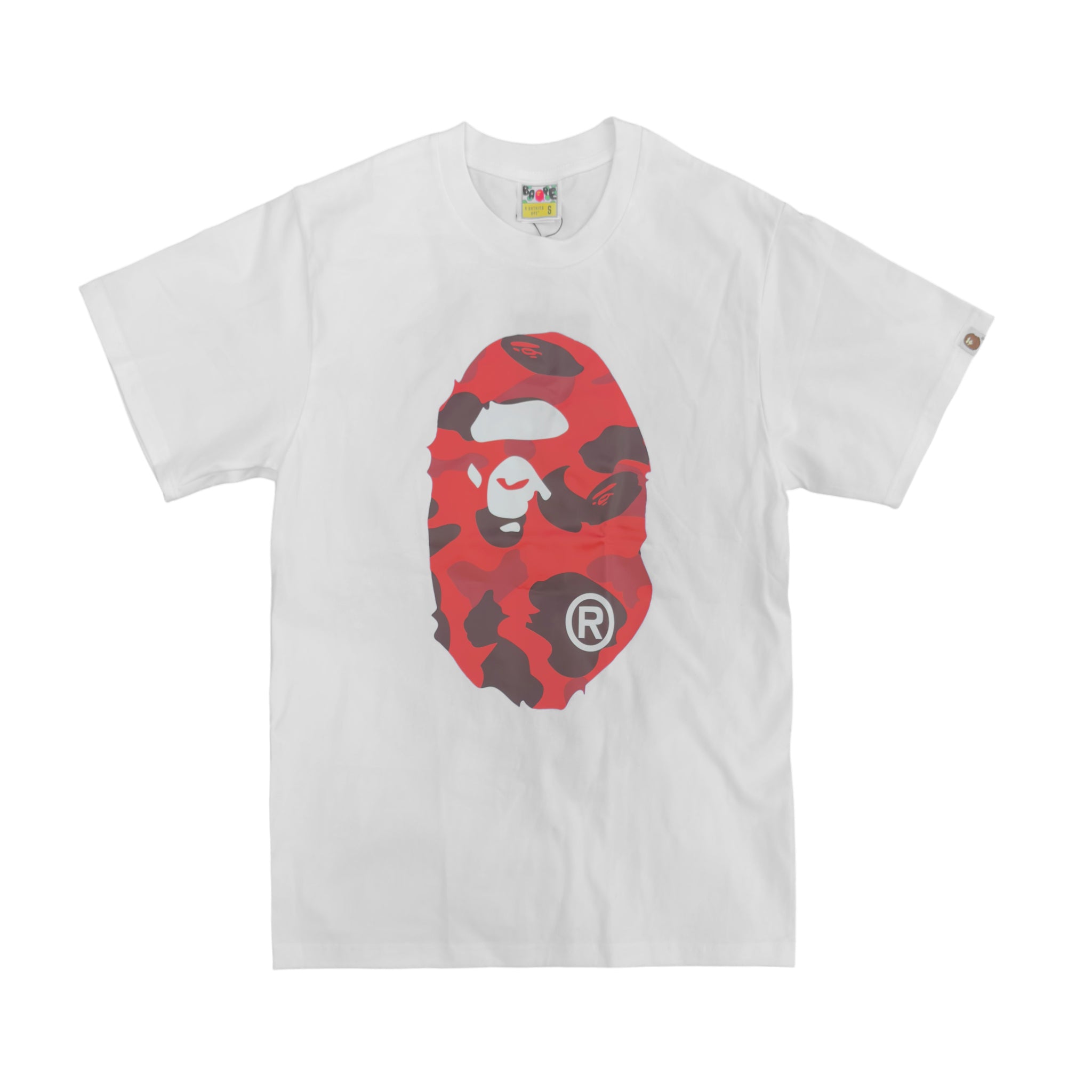 BAPE Color Camo Big Ape Head Tee in white and red featuring a large ape logo on the front.
