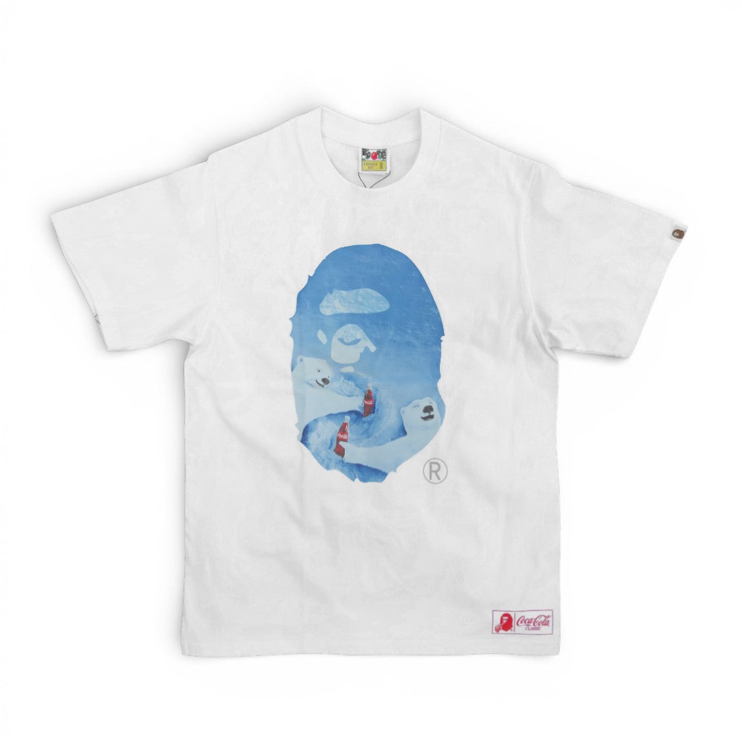 BAPE x Coca-Cola Photo Ape Head Tee in white featuring iconic ape graphic and brand logos on soft cotton fabric.