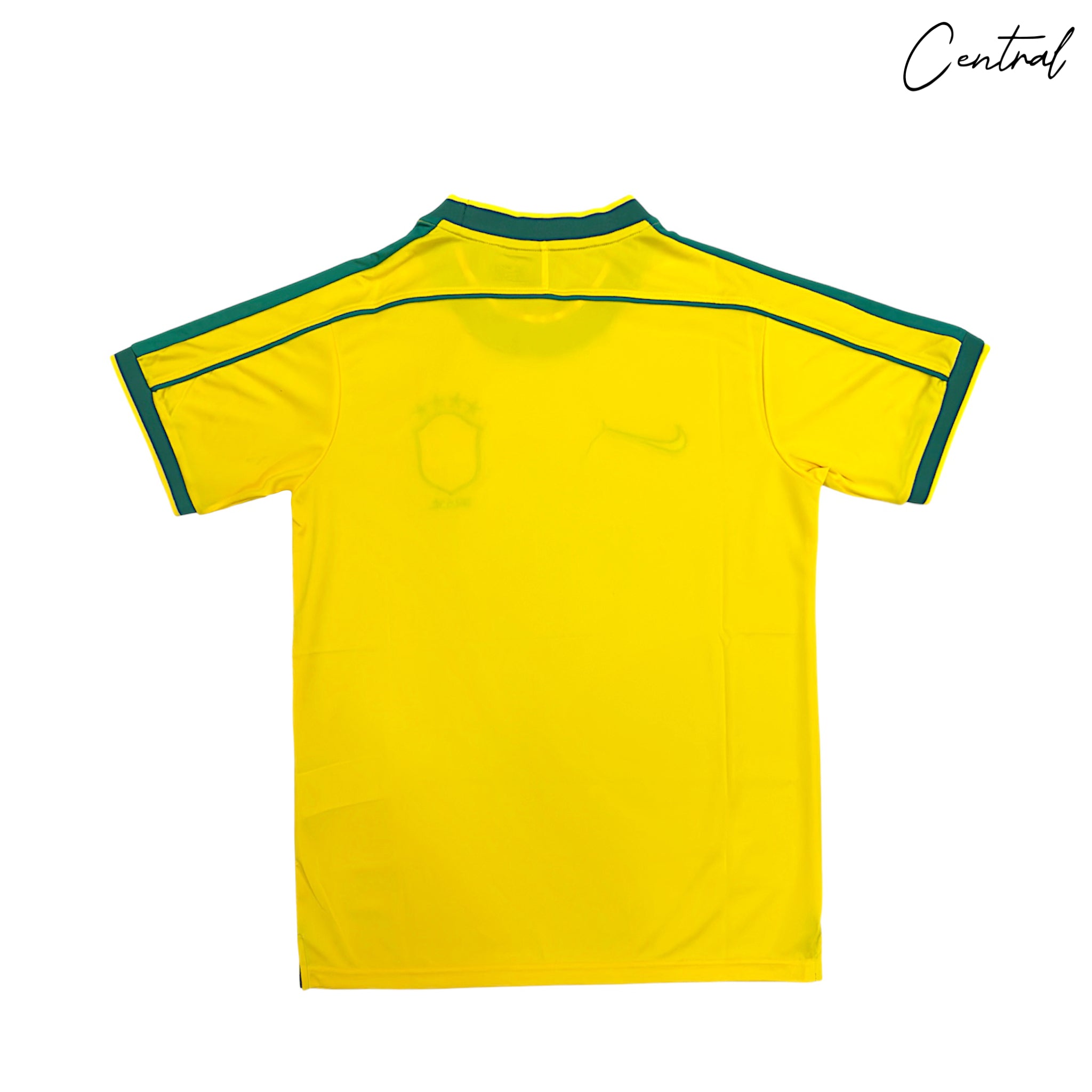 Brazil 1998 home retro jersey by Central Ae featuring iconic yellow and green design and classic football details.