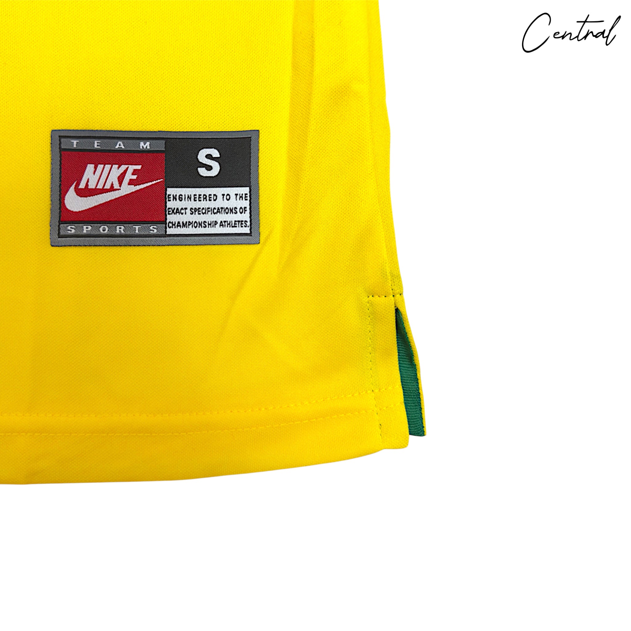Brazil 1998 home retro jersey by Central Ae, featuring vibrant yellow fabric and iconic green accents.