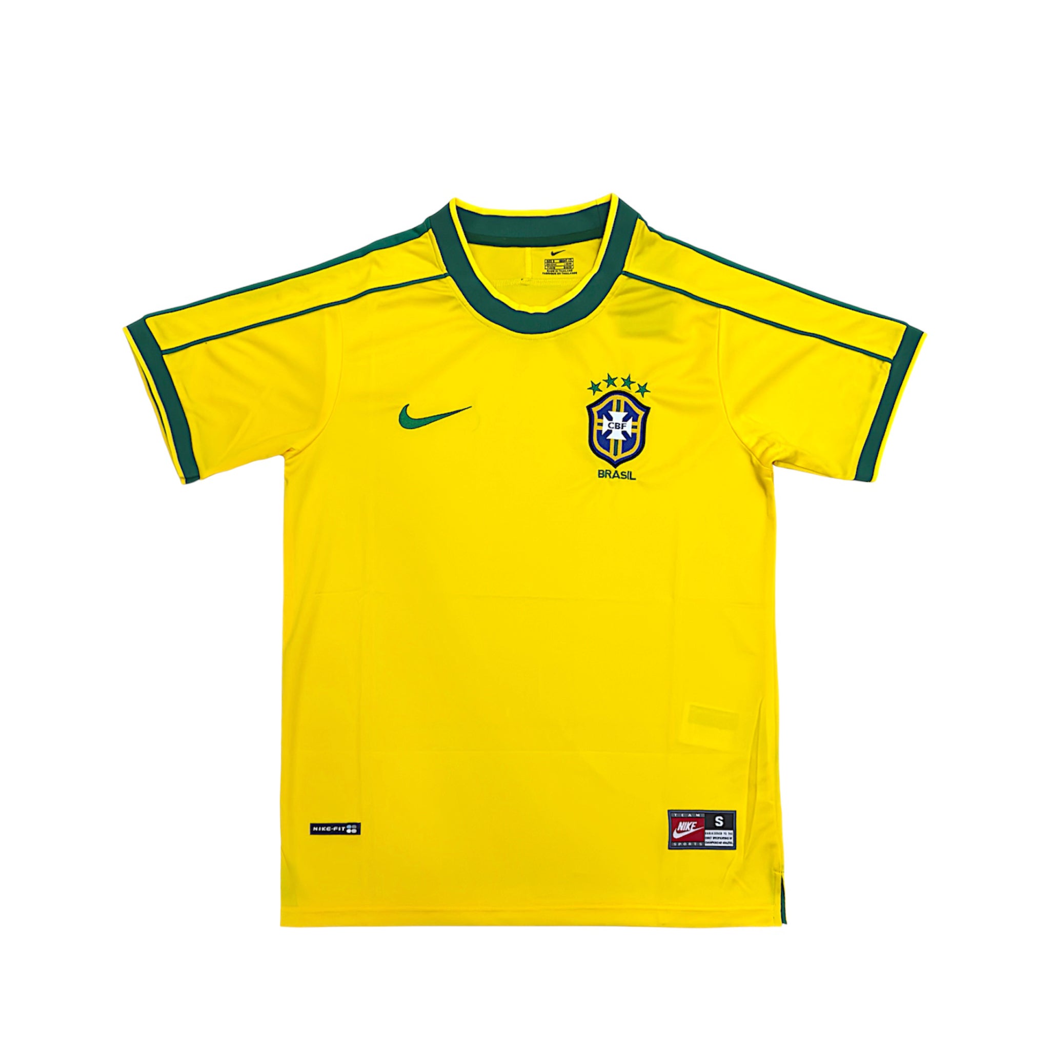 Brazil 1998 home retro jersey by Central Ae featuring iconic green and yellow colors with classic design details.