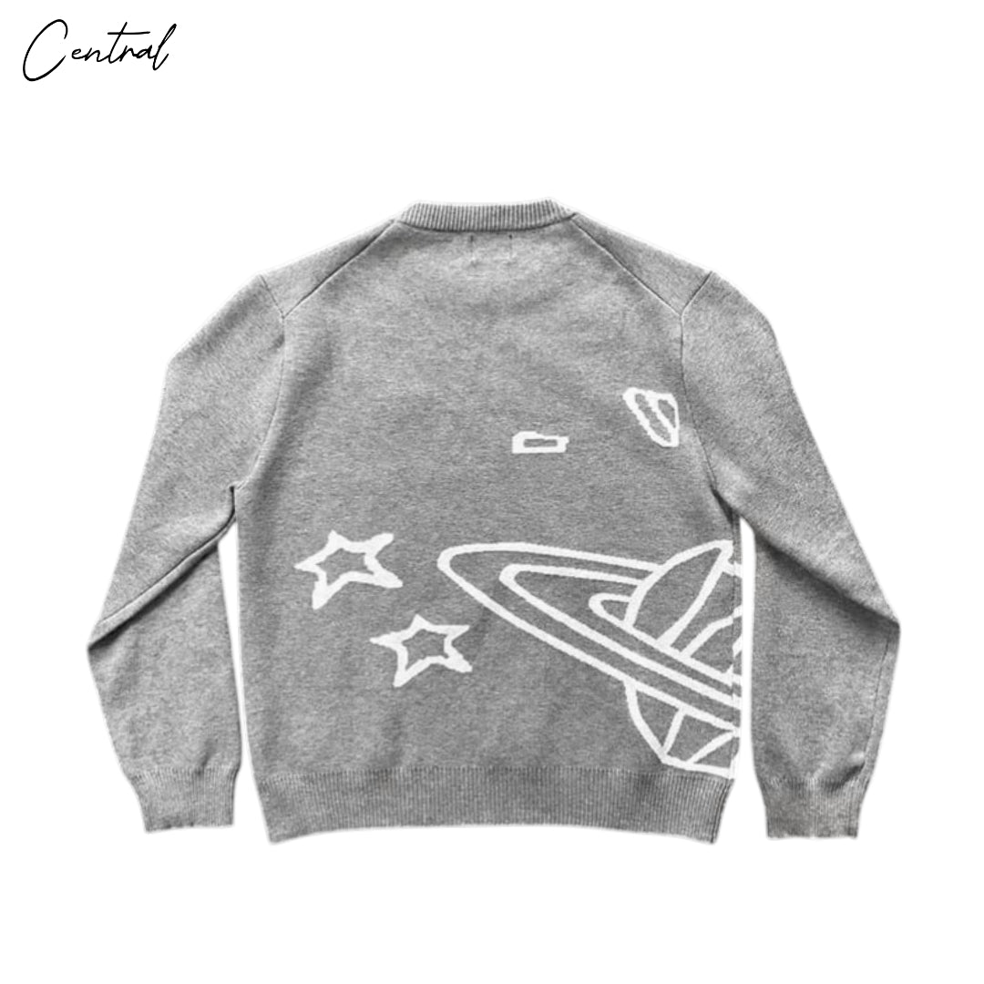 Heather grey Broken Planet knit sweater by Central Ae, featuring a cozy texture and relaxed fit.