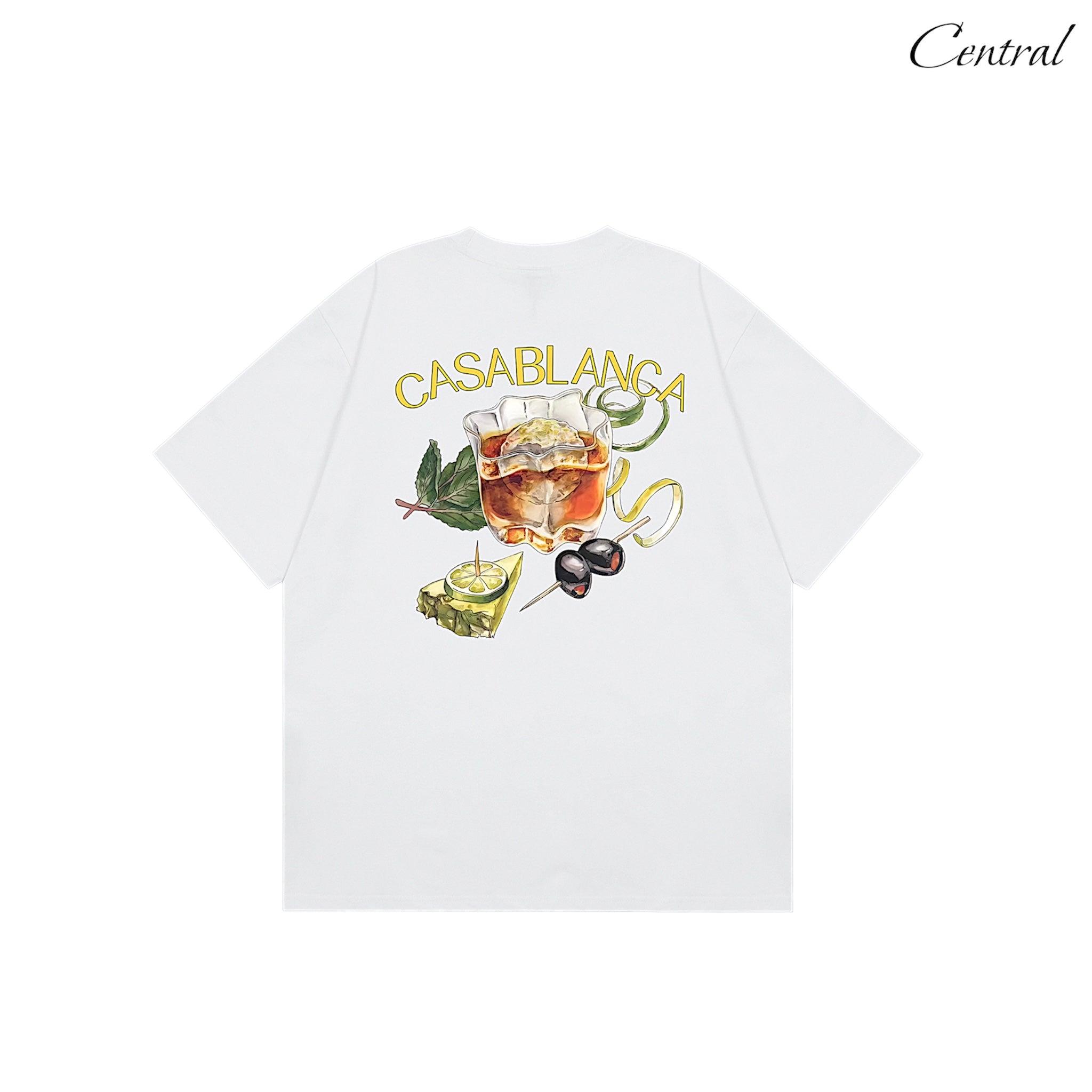 Casablanca t-shirt by Central.ae featuring a stylish design, soft fabric, and casual fit, displayed on a hanger.