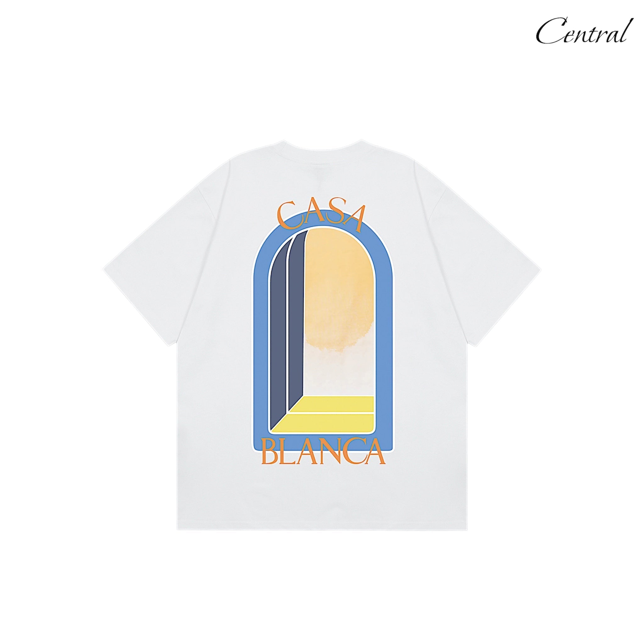 Casablanca t-shirt by Central.ae displayed on a mannequin in a casual setting with a vibrant design.