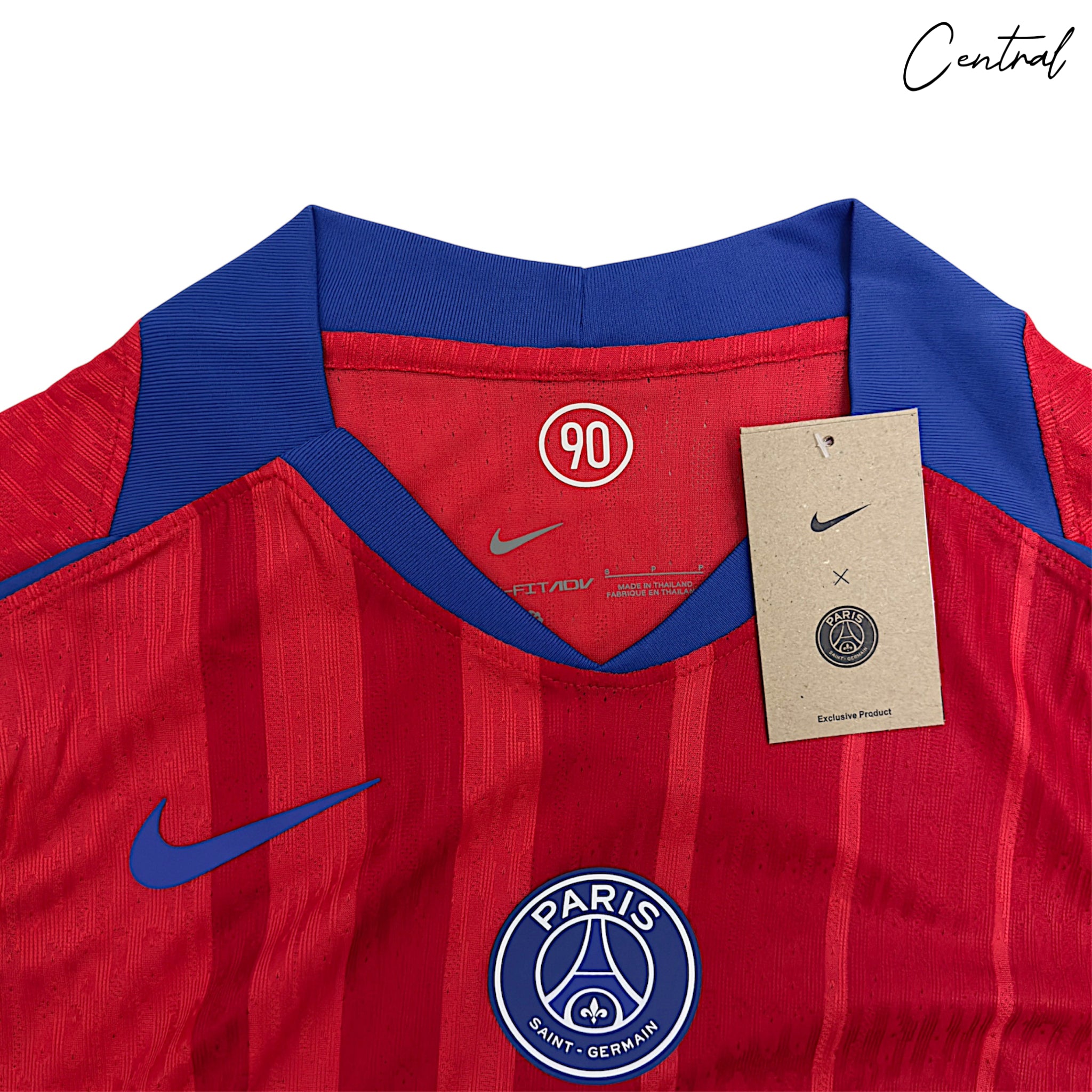 Paris Saint-Germain 25-26 third kit player version featuring club colors and emblem on a detailed fabric background.