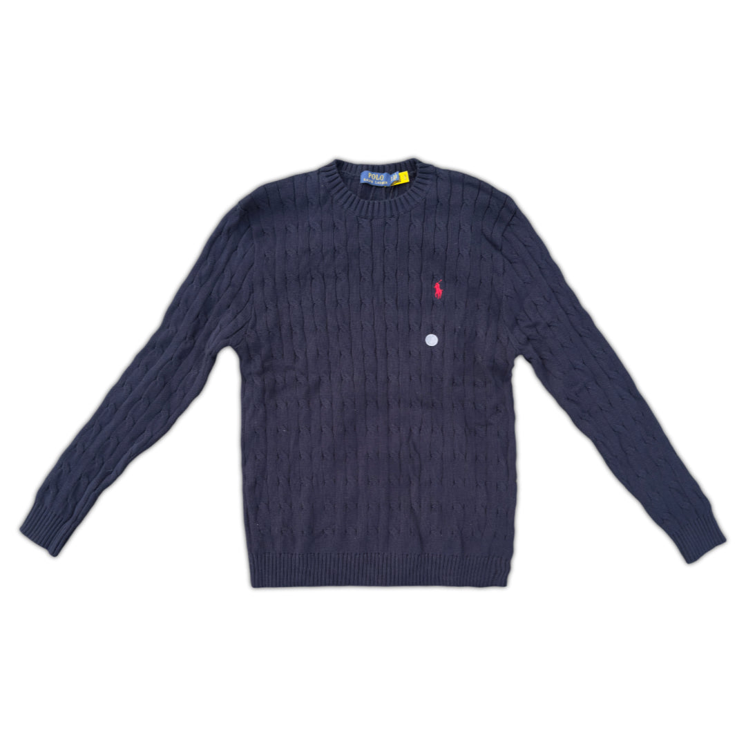 Navy cable-knit cotton jumper by Polo Ralph Lauren, showcasing textured fabric and classic crew neckline.