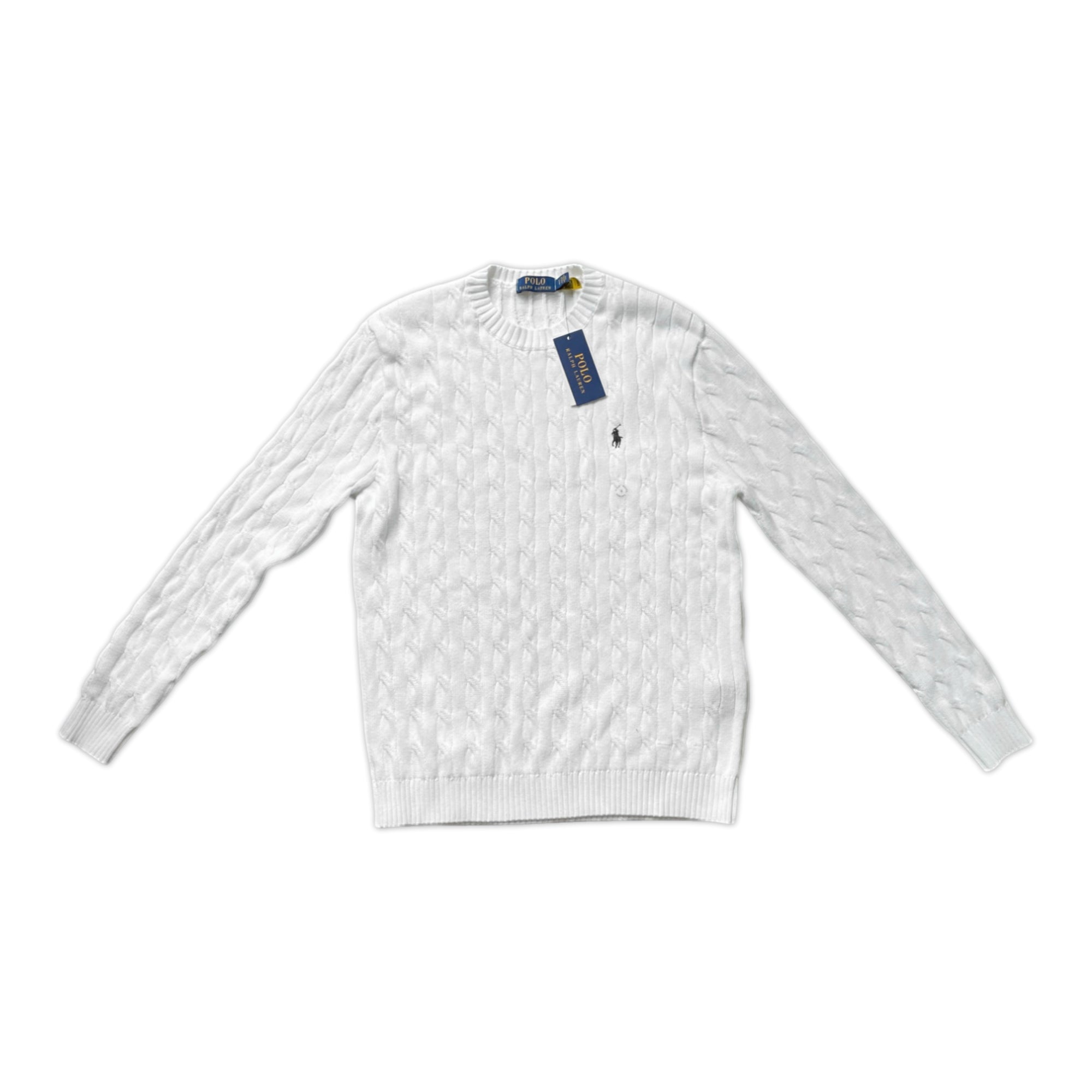 Polo Ralph Lauren white cable-knit cotton jumper displayed on a hanger with intricate texture and classic design.