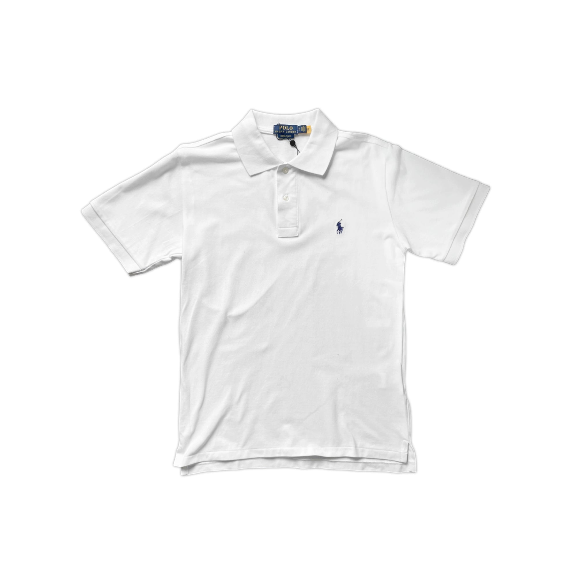 White Ralph Lauren polo shirt displayed on a hanger with the brand logo embroidered on the chest.