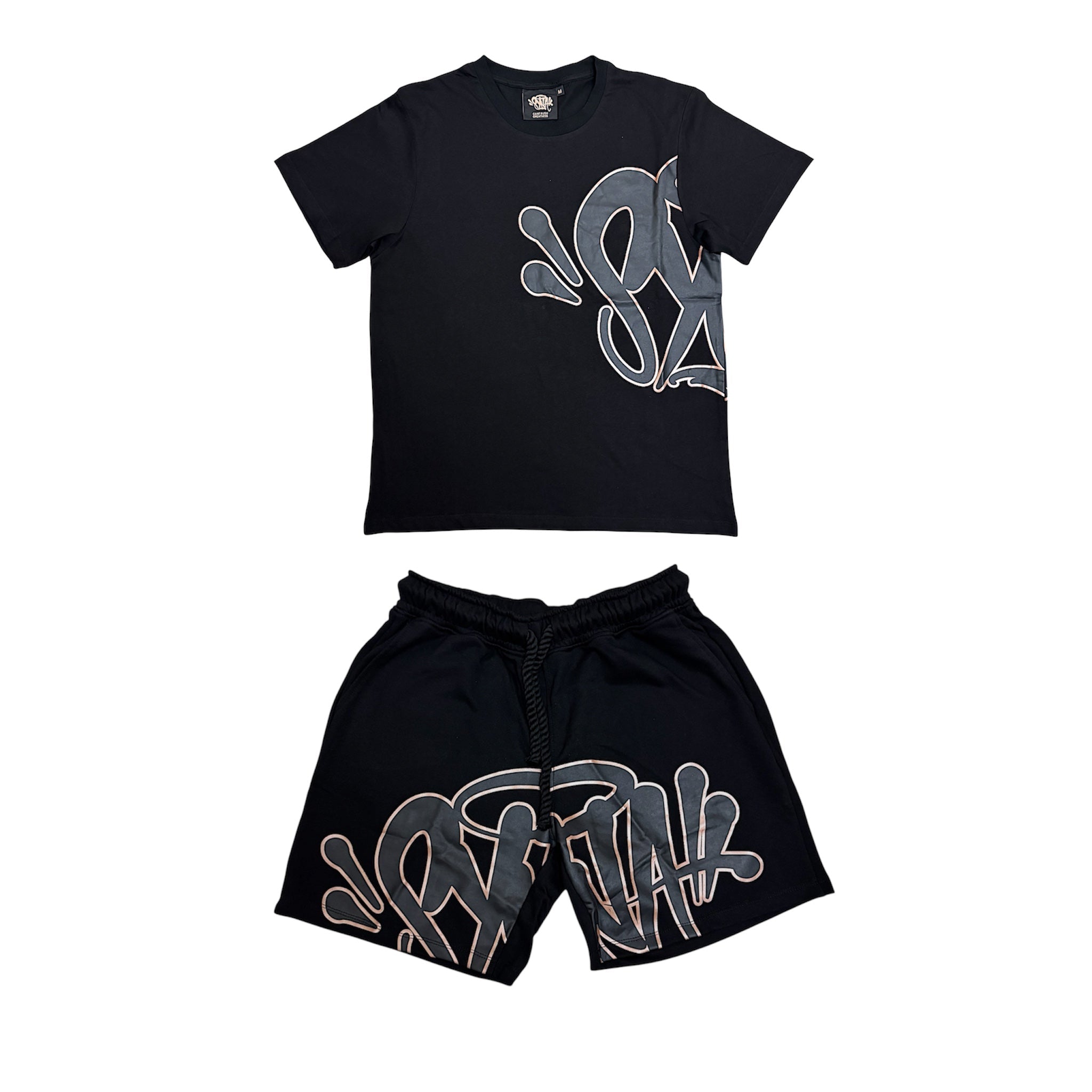 Black and rose gold Syna T-shirt and shorts set displayed on a white background.