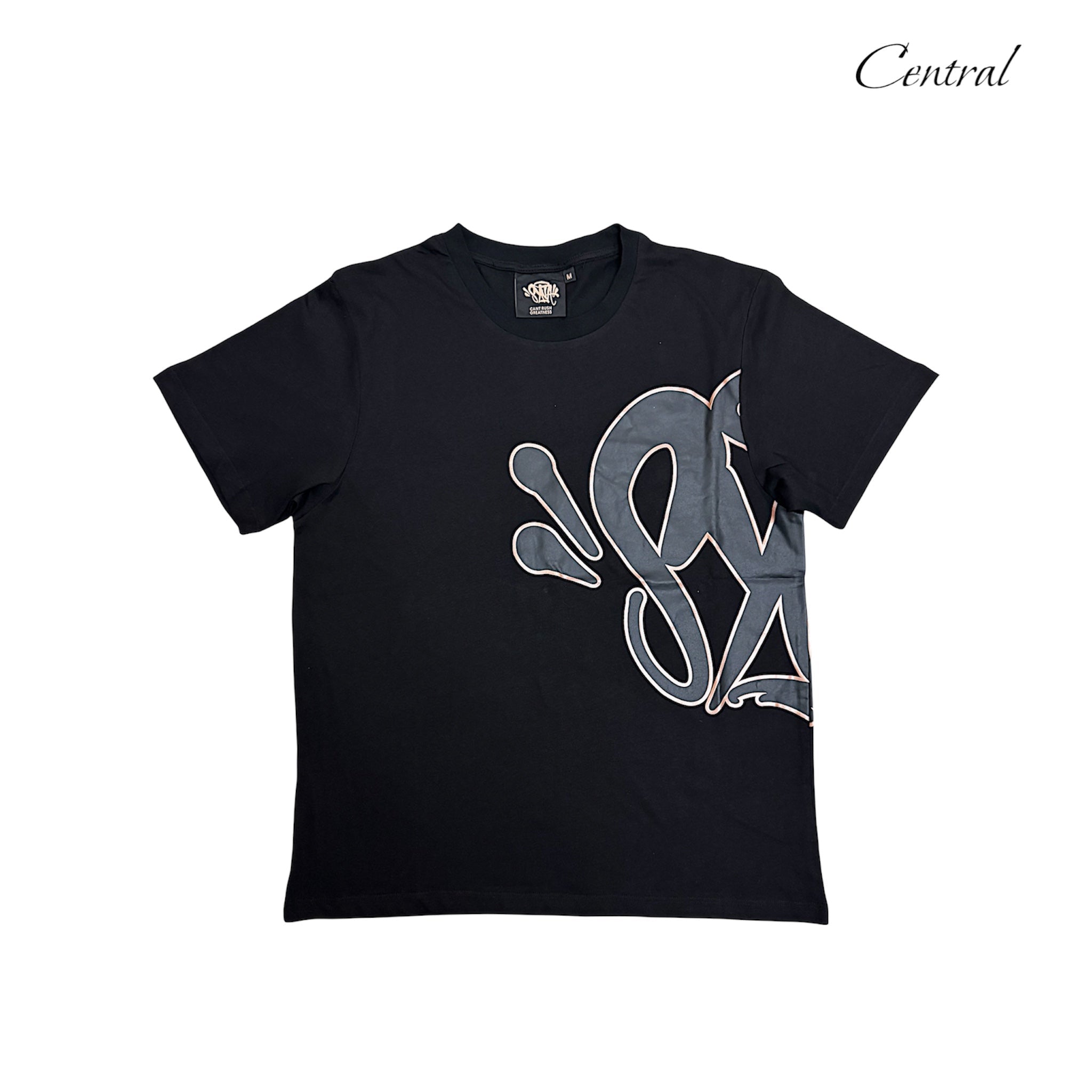 Black and rose gold Syna T-Shirt and Shorts Set displayed on a light background, showcasing the fabric and design details.