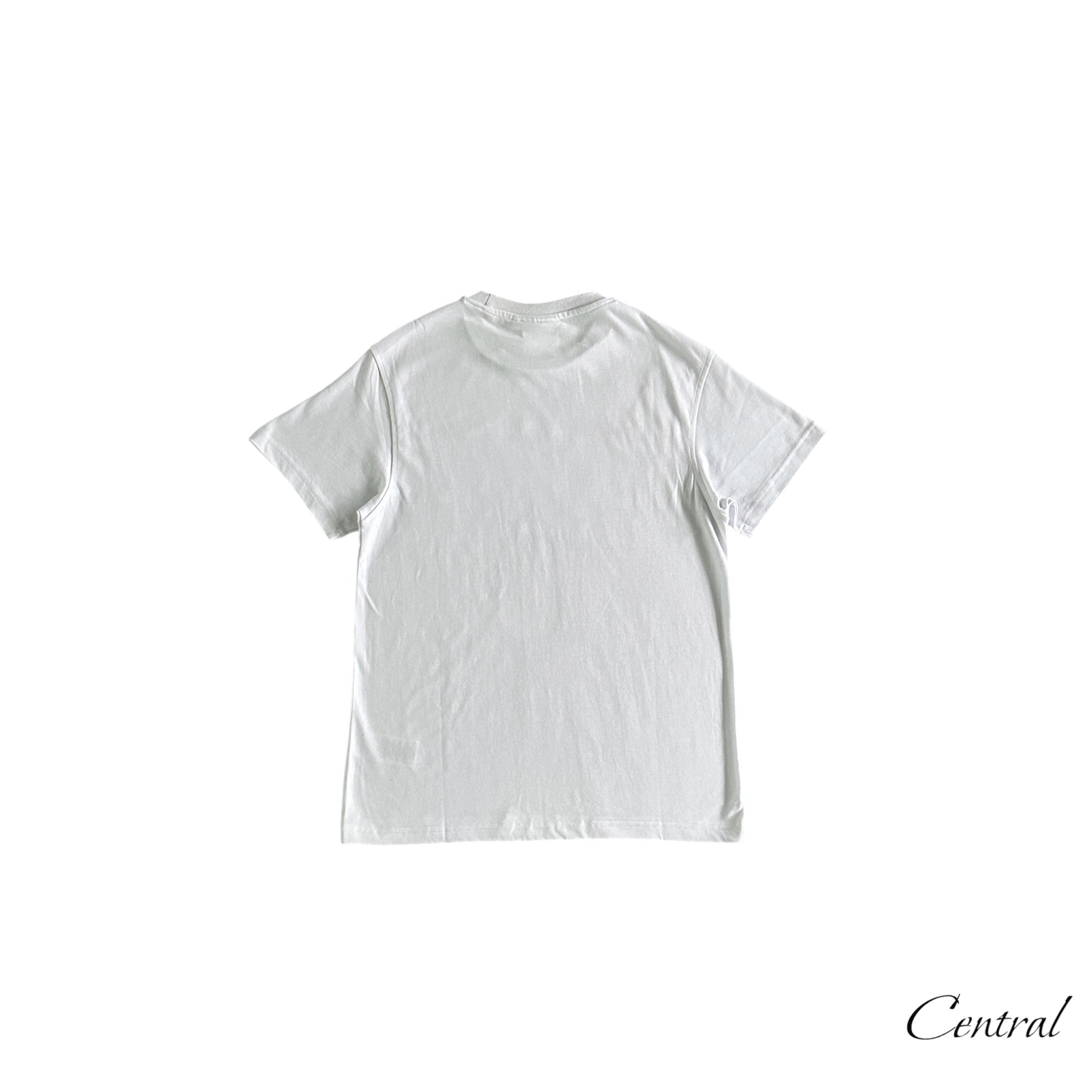 White and blue Syna World Ice Tee by Central.ae displayed on a mannequin with a casual background.