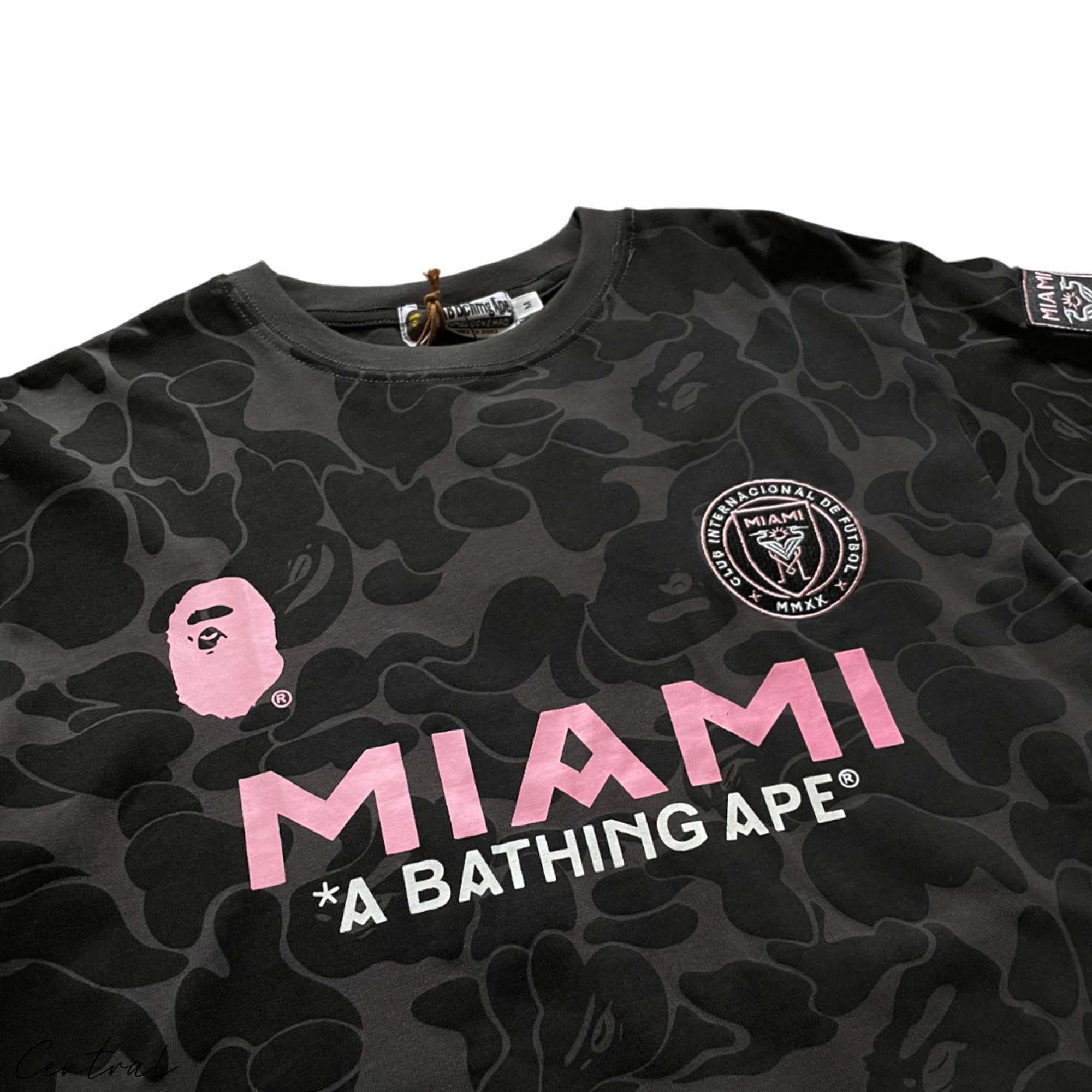 BAPE x Inter Miami black camo t-shirt featuring unique camouflage pattern and Central ae branding.