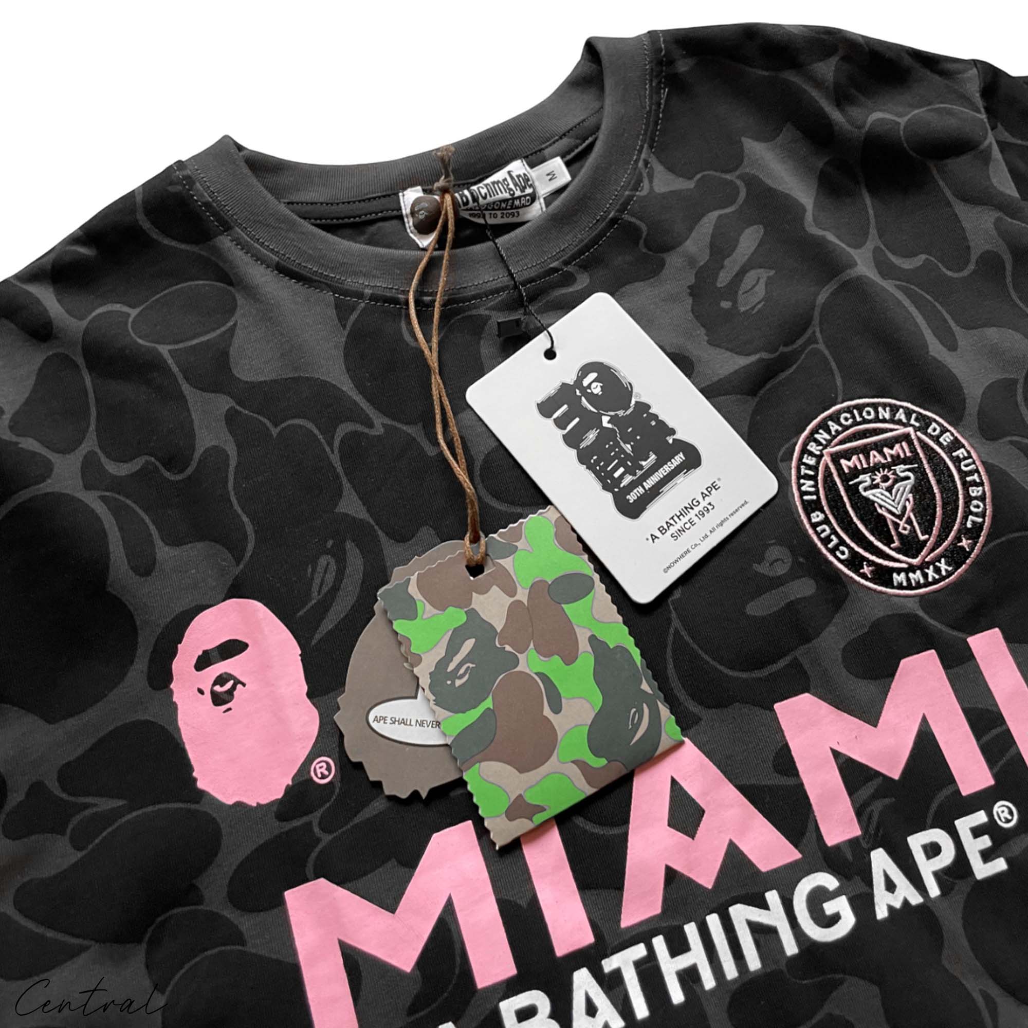 BAPE x Inter Miami black camo t-shirt featuring unique patterns and logo design by Central ae.