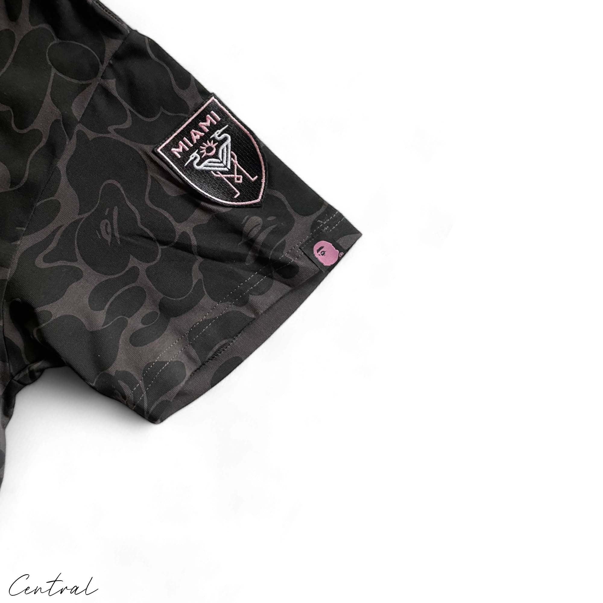 BAPE x Inter Miami black camo t-shirt featuring a unique camouflage design and Central ae branding.