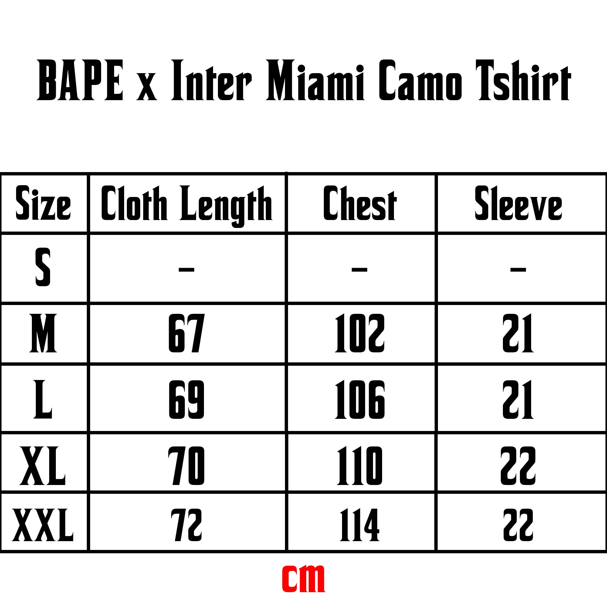 BAPE x Inter Miami black camo t-shirt featuring a unique design by Central ae, displayed on a size chart.