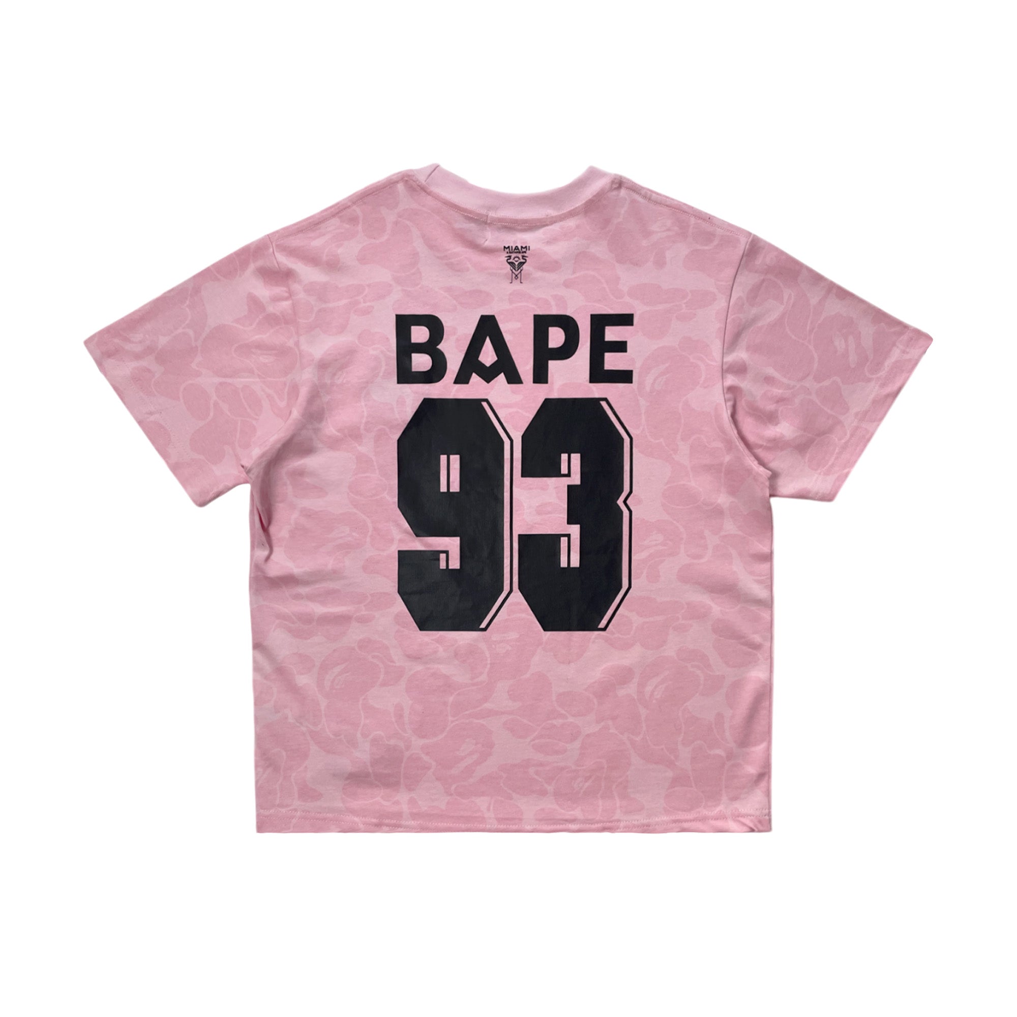 BAPE x Inter Miami pink camo t-shirt by Central ae displayed on a plain background.
