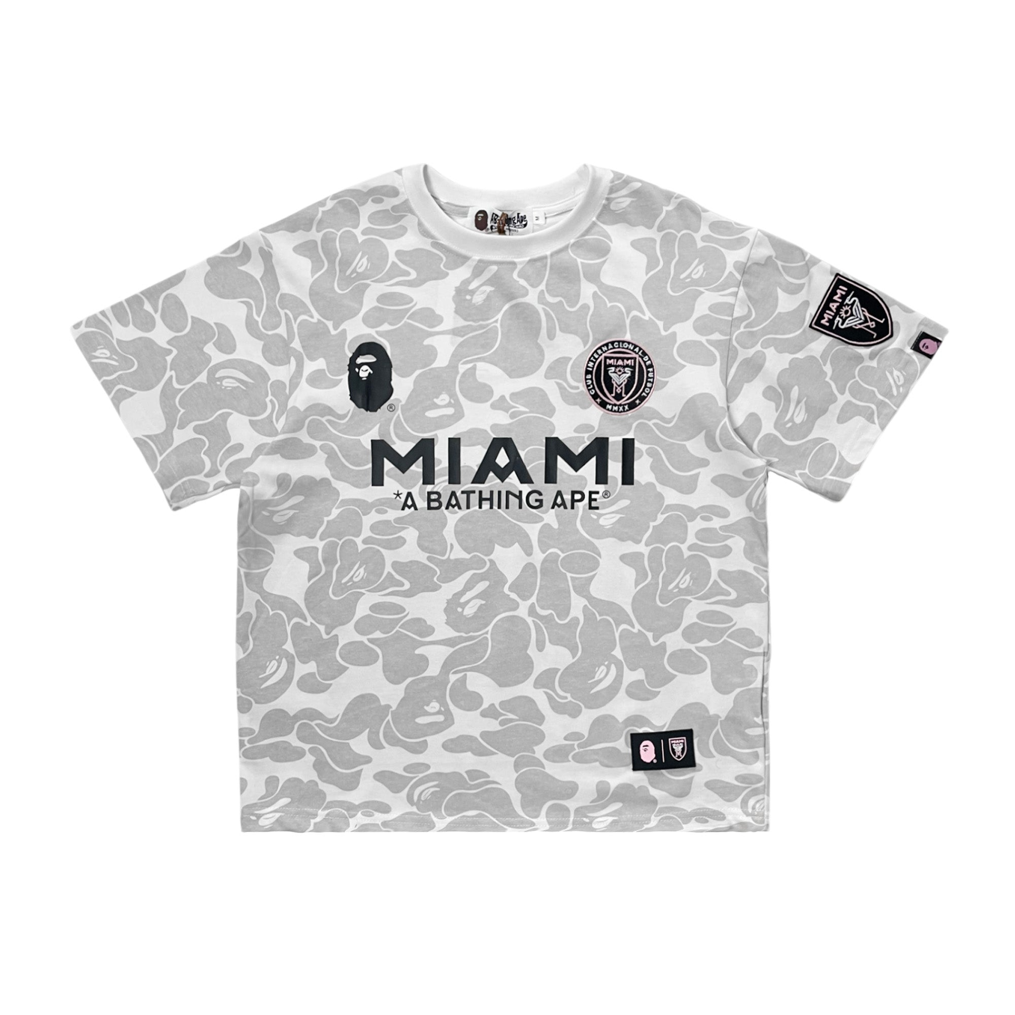 BAPE x Inter Miami white camo t-shirt by Central ae, featuring a unique camouflage pattern and relaxed fit.