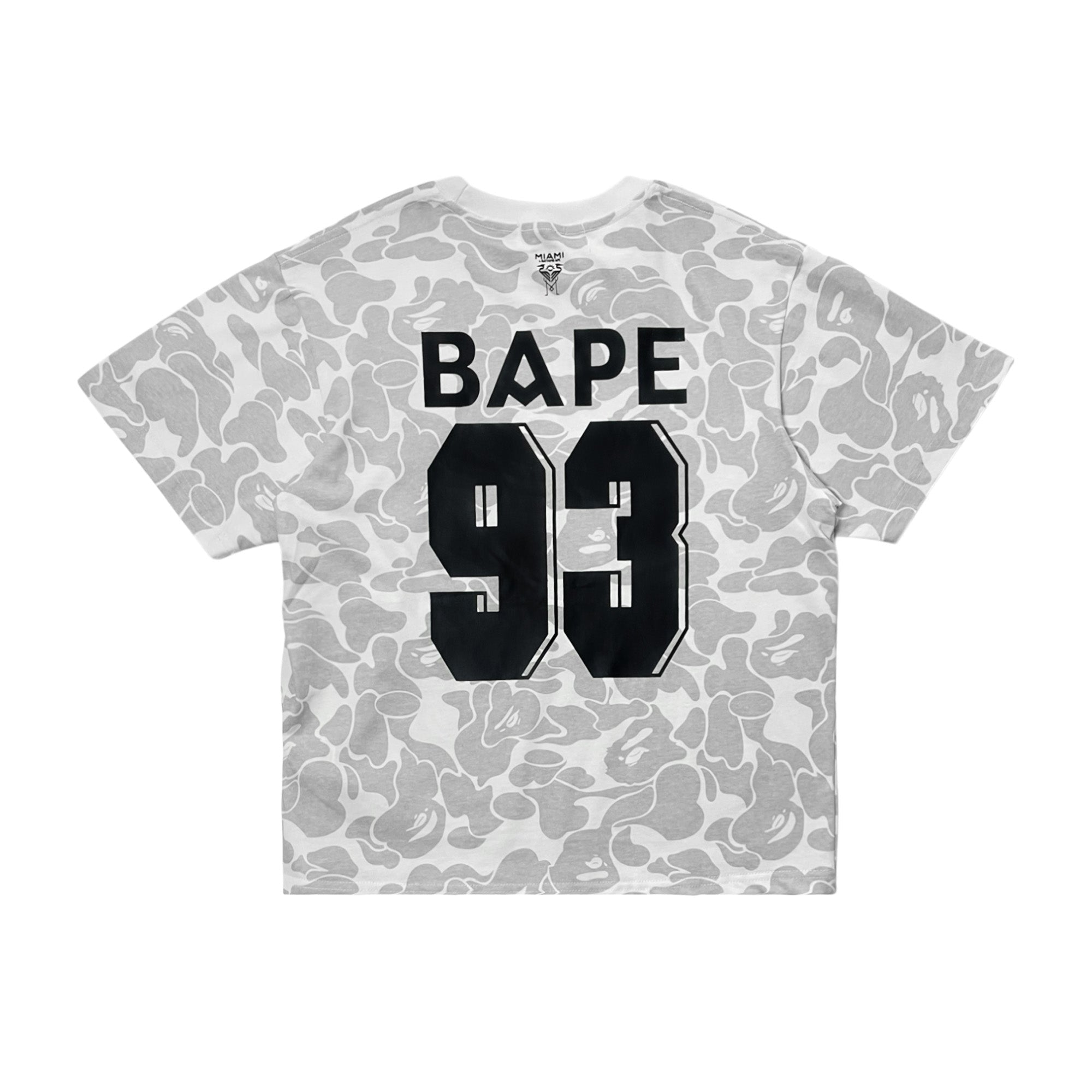 BAPE x Inter Miami camo t-shirt in white featuring unique camouflage patterns and Central ae branding.