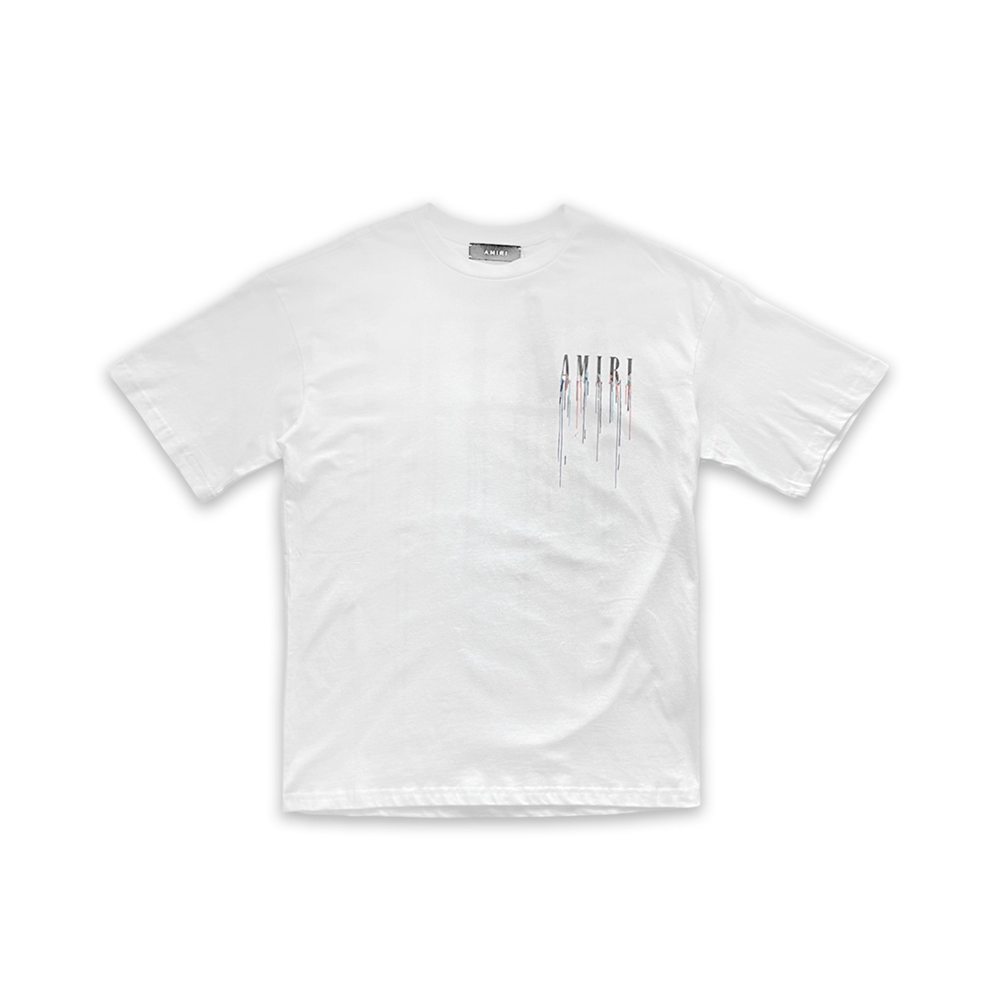 Amiri Paint Drip White T-Shirt by Central ae featuring a unique paint drip design on a classic white tee.