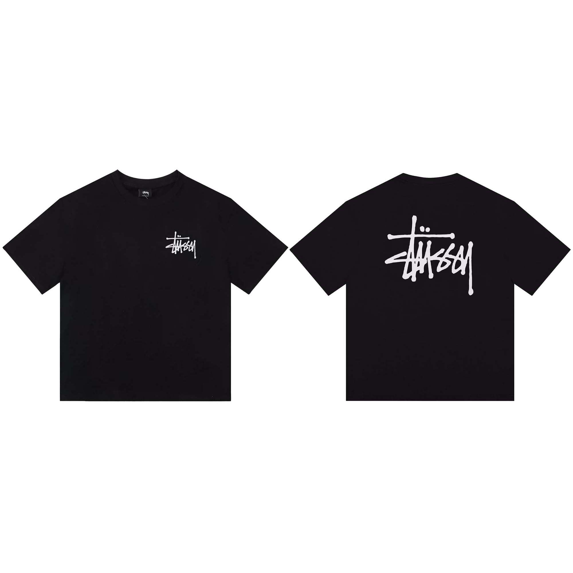 Black BASIC STÜSSY TEE t-shirt featuring a classic crew neck and relaxed fit, perfect for casual wear.