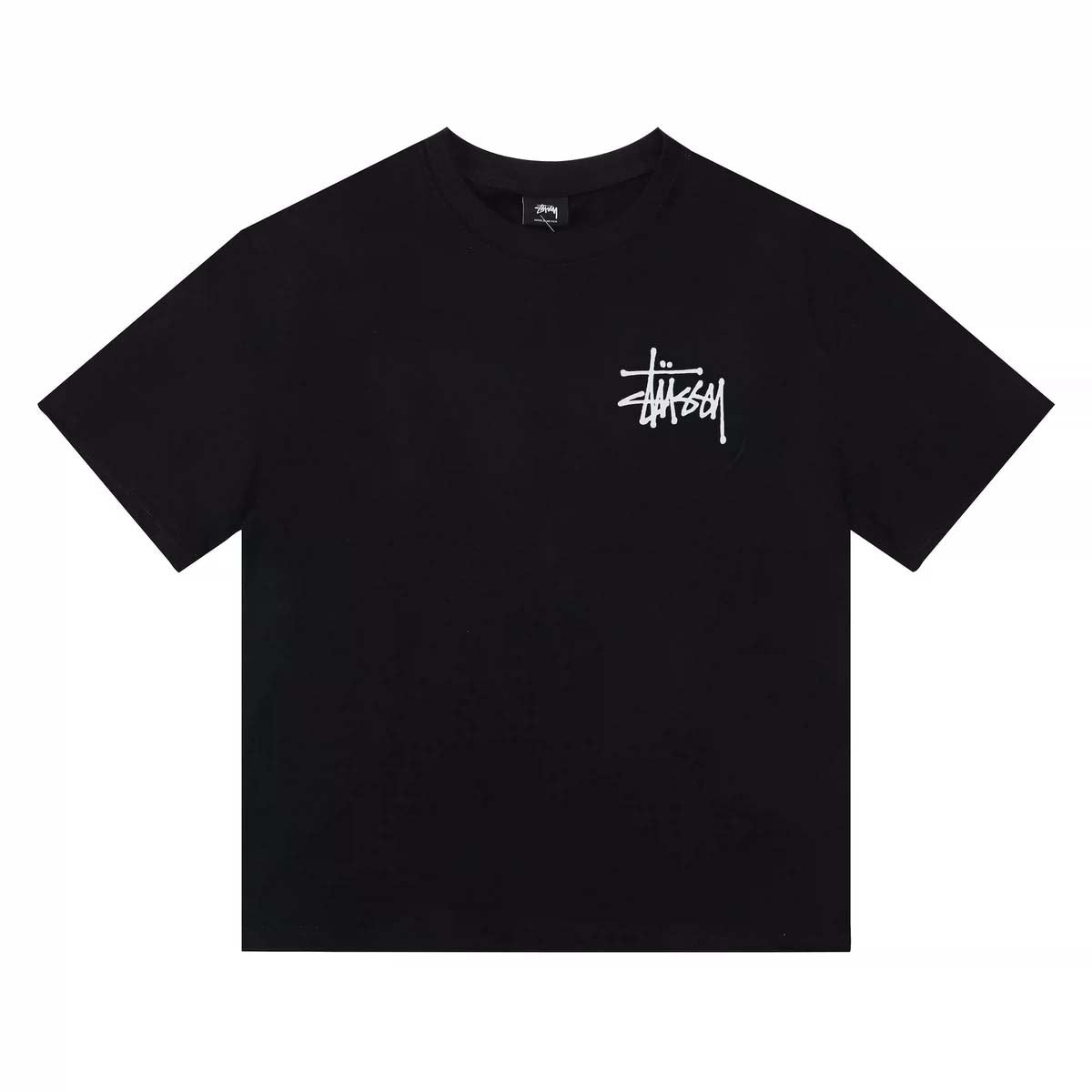 Black BASIC STÜSSY TEE featuring a classic crew neck and logo graphic, perfect for casual wear.