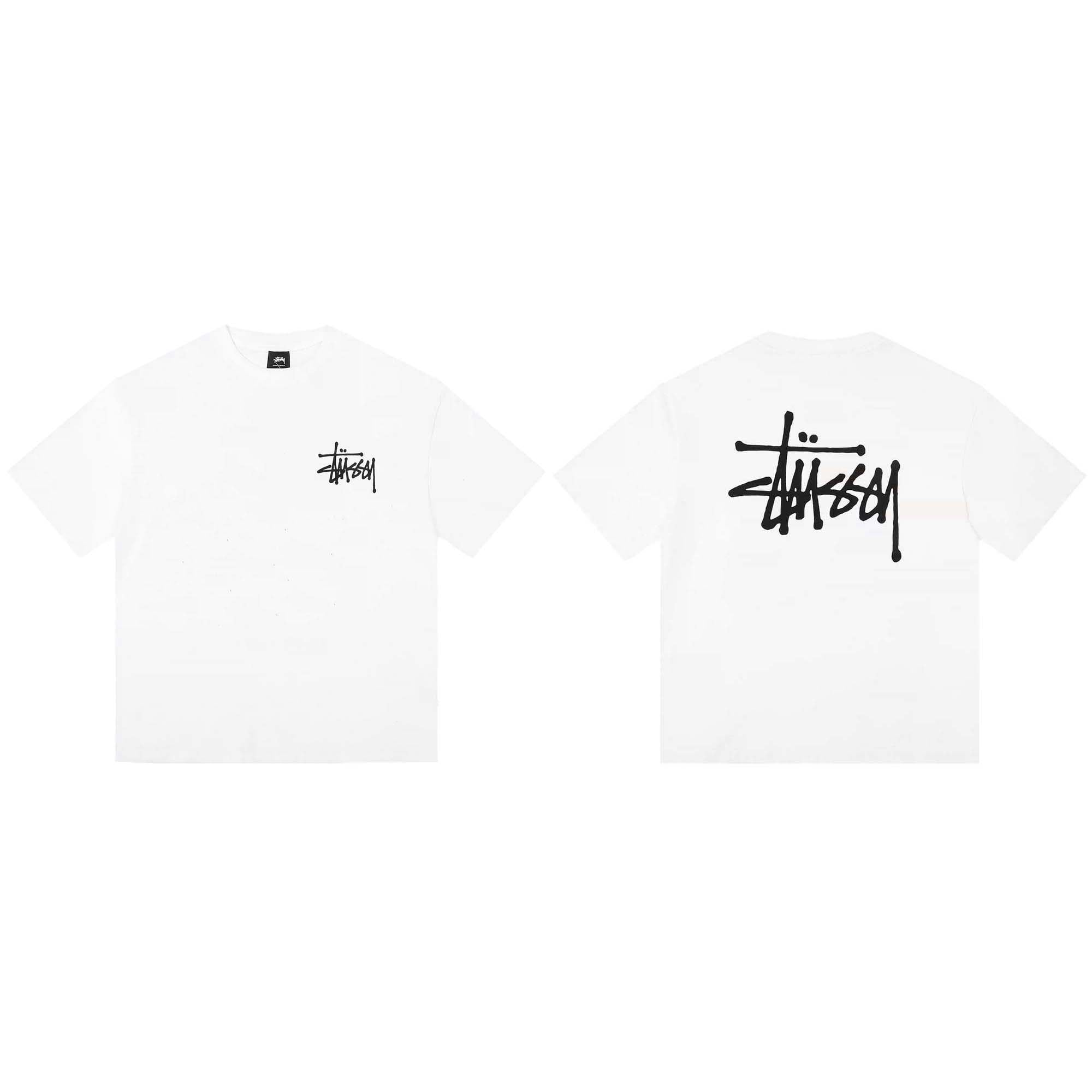 White BASIC STÜSSY TEE t-shirt laid flat, showcasing the brand logo and classic crew neckline design.