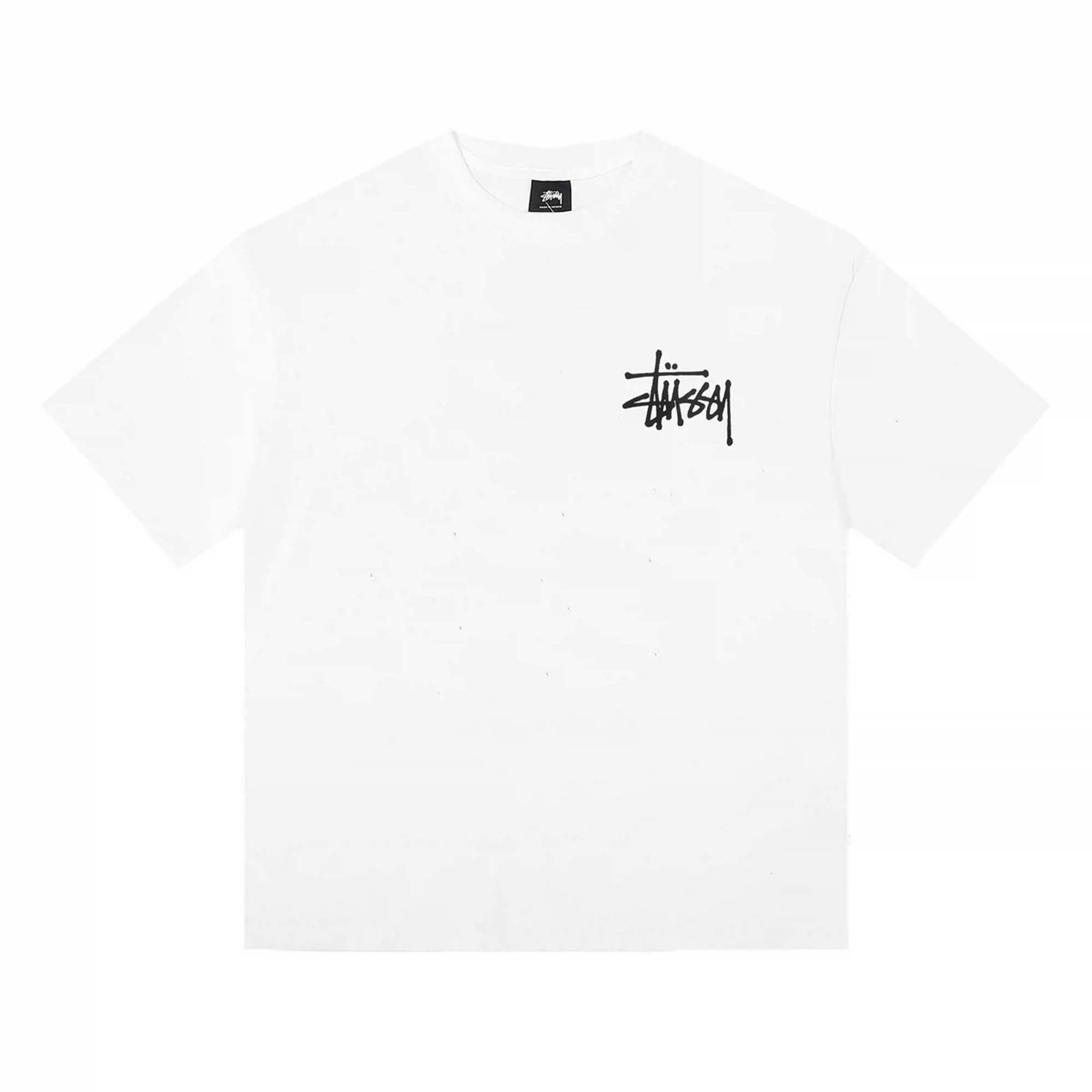 White BASIC STÜSSY TEE t-shirt displayed flat, featuring the iconic logo in a casual, stylish design.