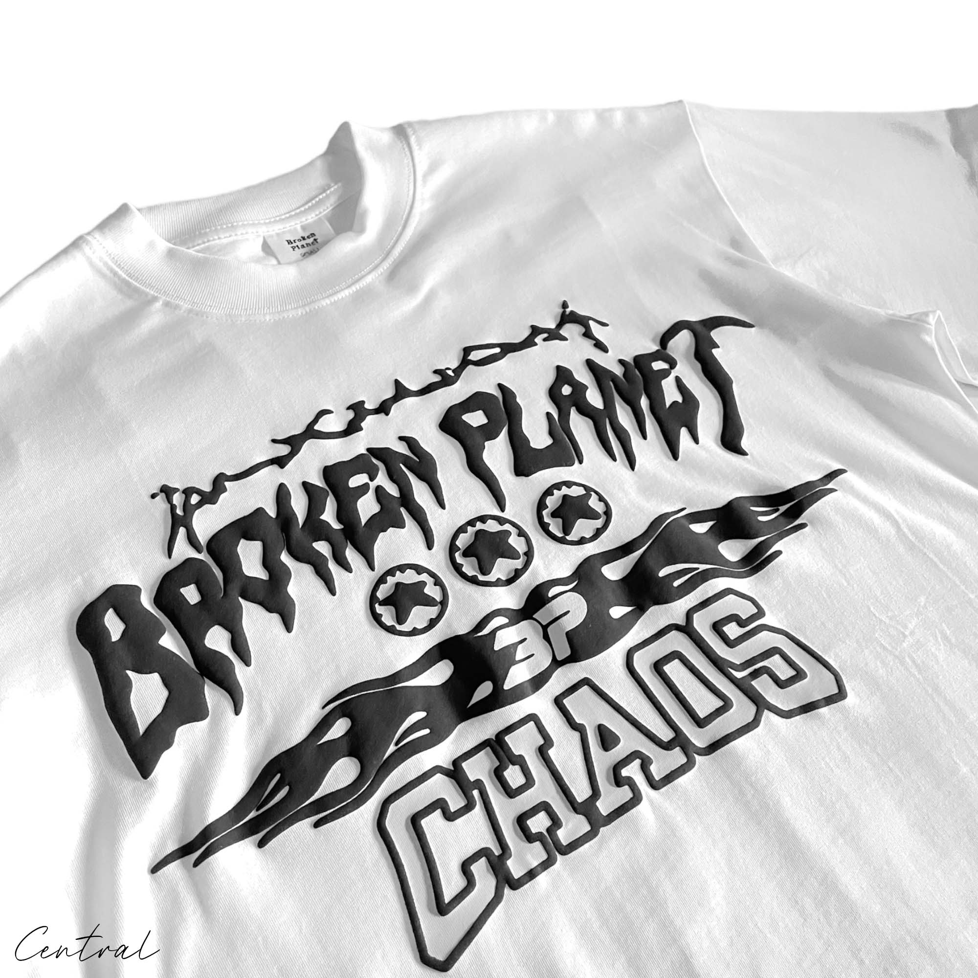 Central ae Broken Planet Chaos T-shirt featuring a vibrant graphic design on a classic crew neck style.