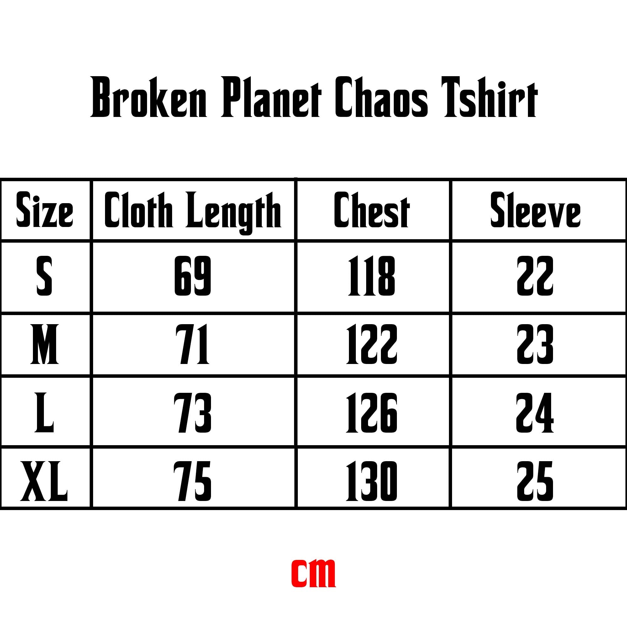 Size chart for Broken Planet Chaos T-shirt by Central ae, featuring measurements for a comfortable fit.