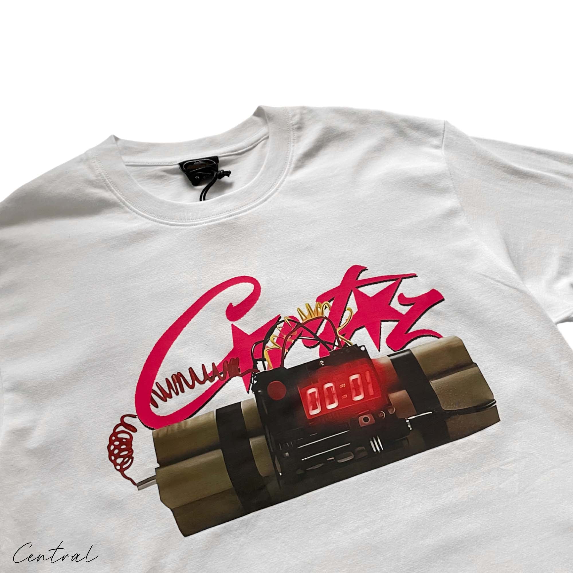 Central AE Corteiz No Time 4 Luv T-shirt featuring a modern graphic print on a black cotton T-shirt.