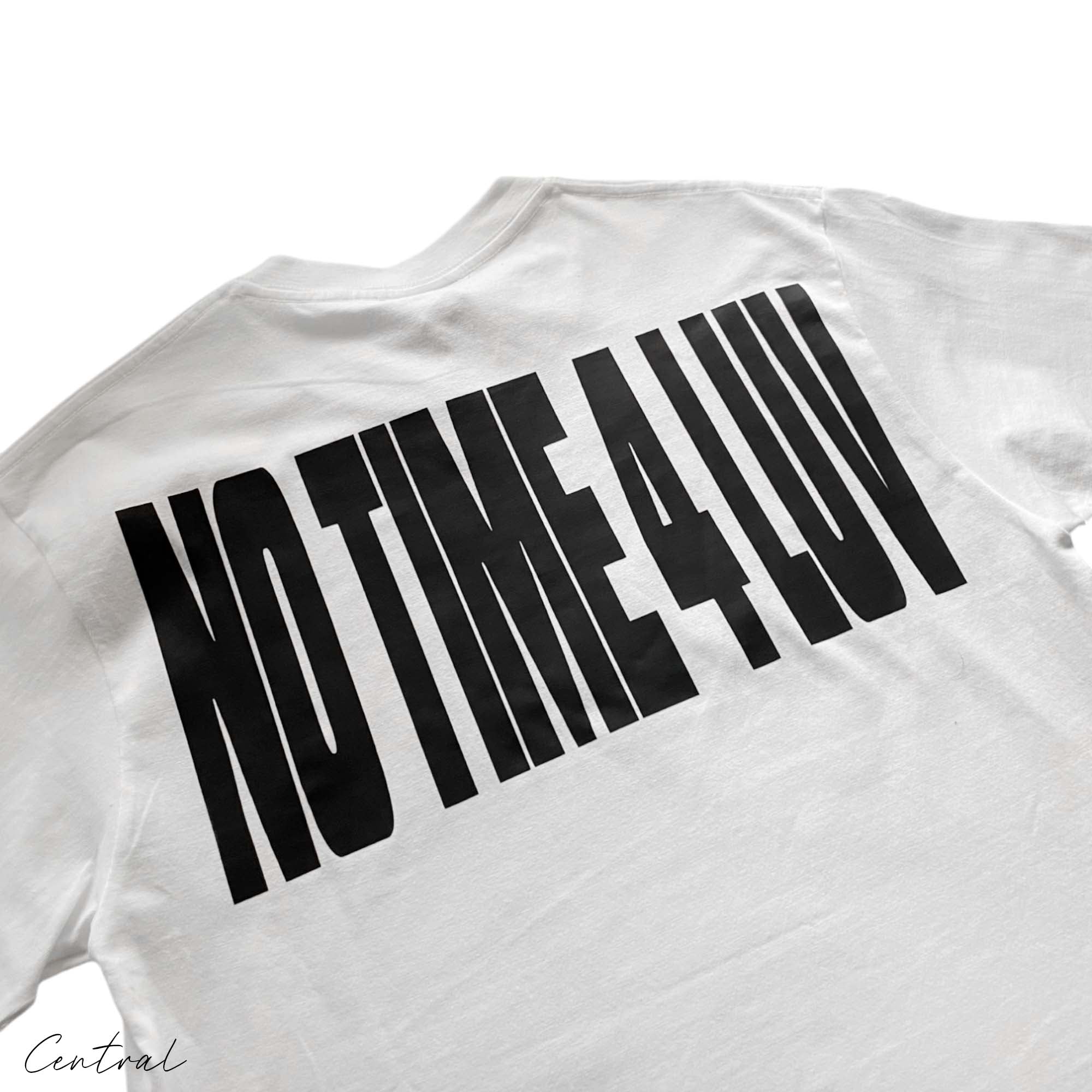 Central AE Corteiz No Time 4 Luv T-shirt, black cotton tee with bold white graphic and logo, casual streetwear style.