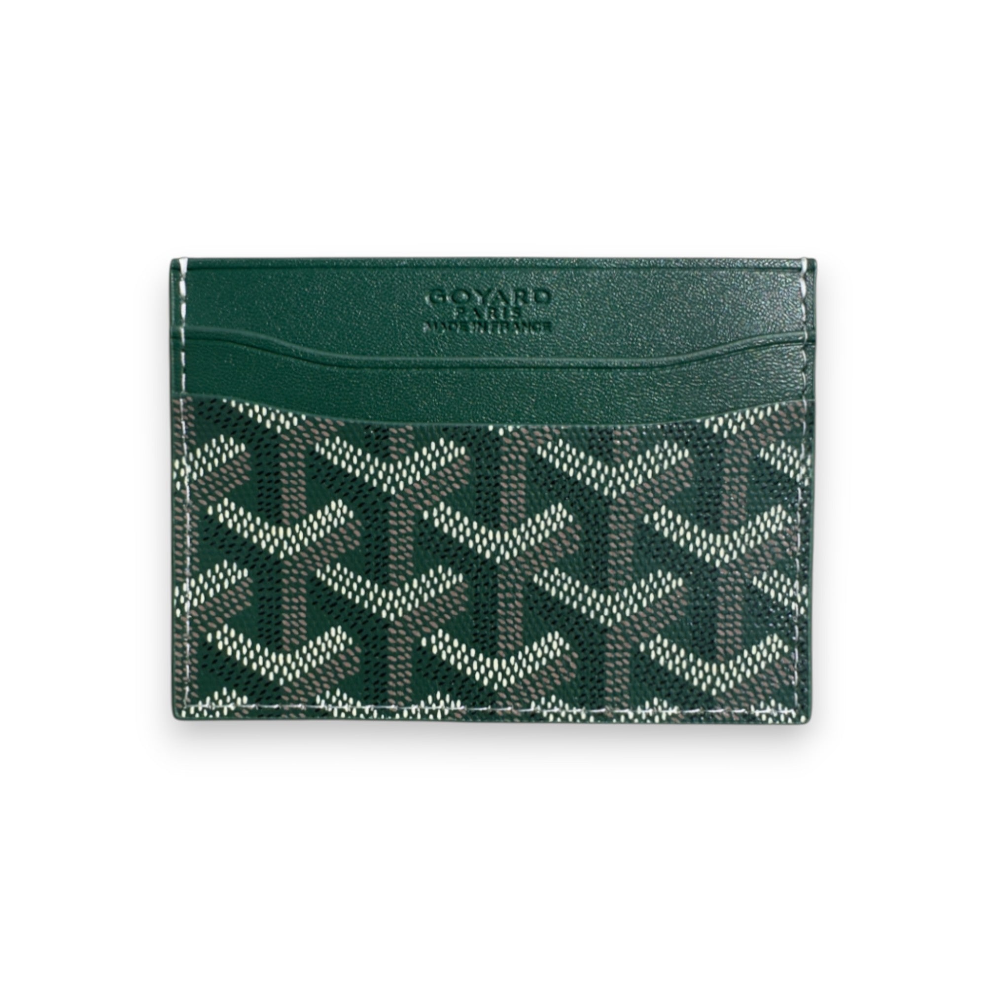 Green Goyard card holder wallet by Central ae with signature pattern and sleek design.