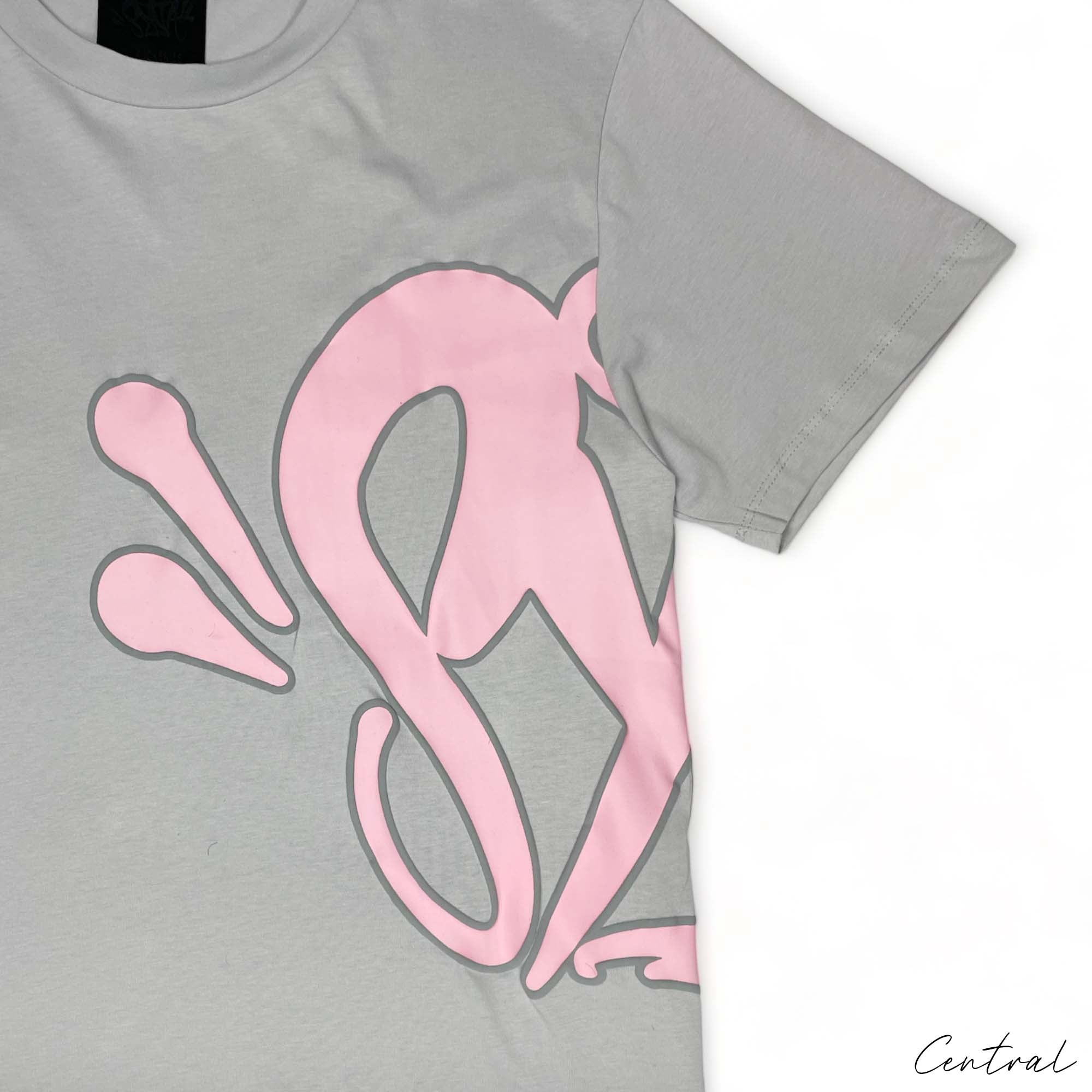 Gray and pink Syna World short set featuring a comfortable T-shirt and shorts, perfect for casual wear.